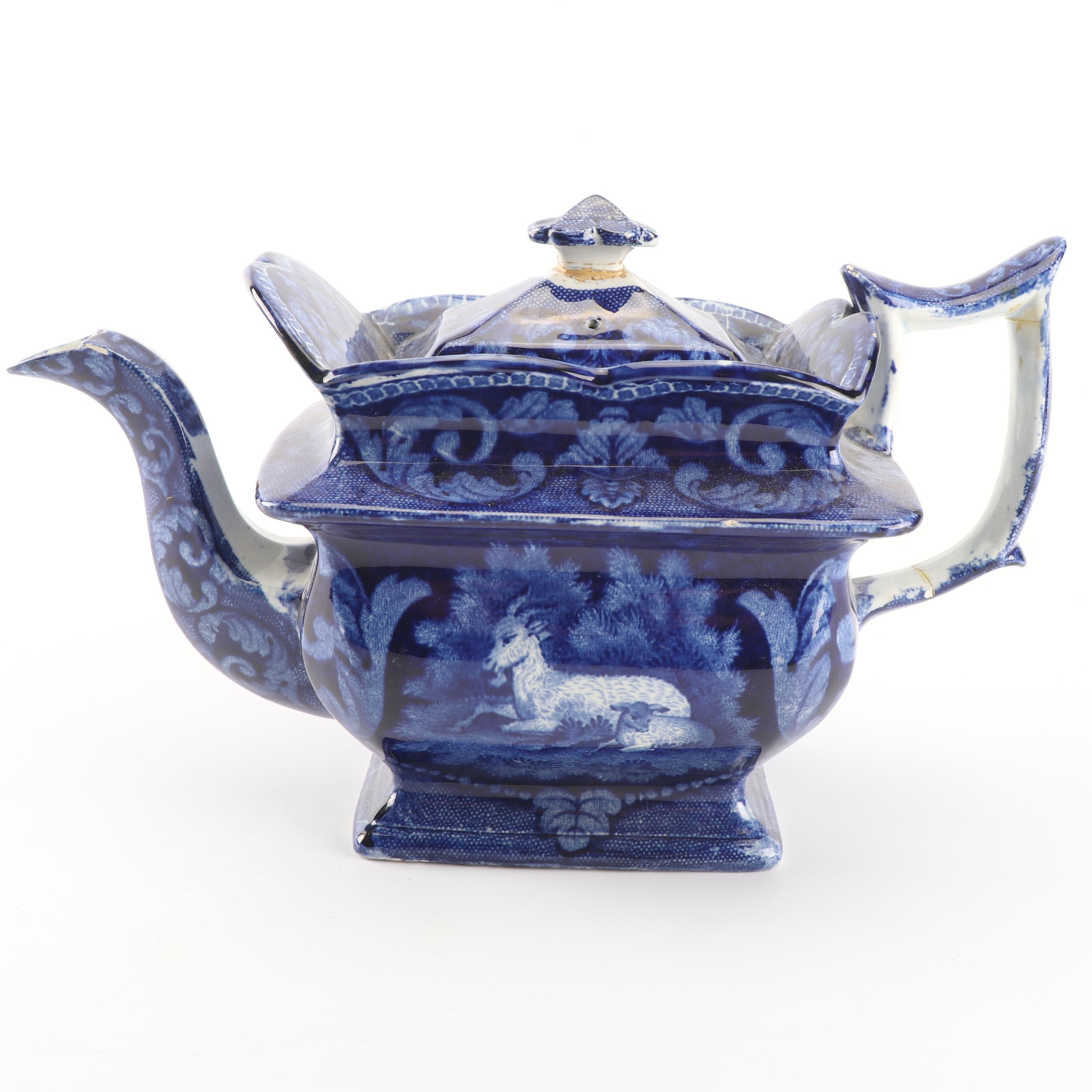 Arthur Wood Blue Glazed Pottery Pitcher with English Transfer-Printed Teapot