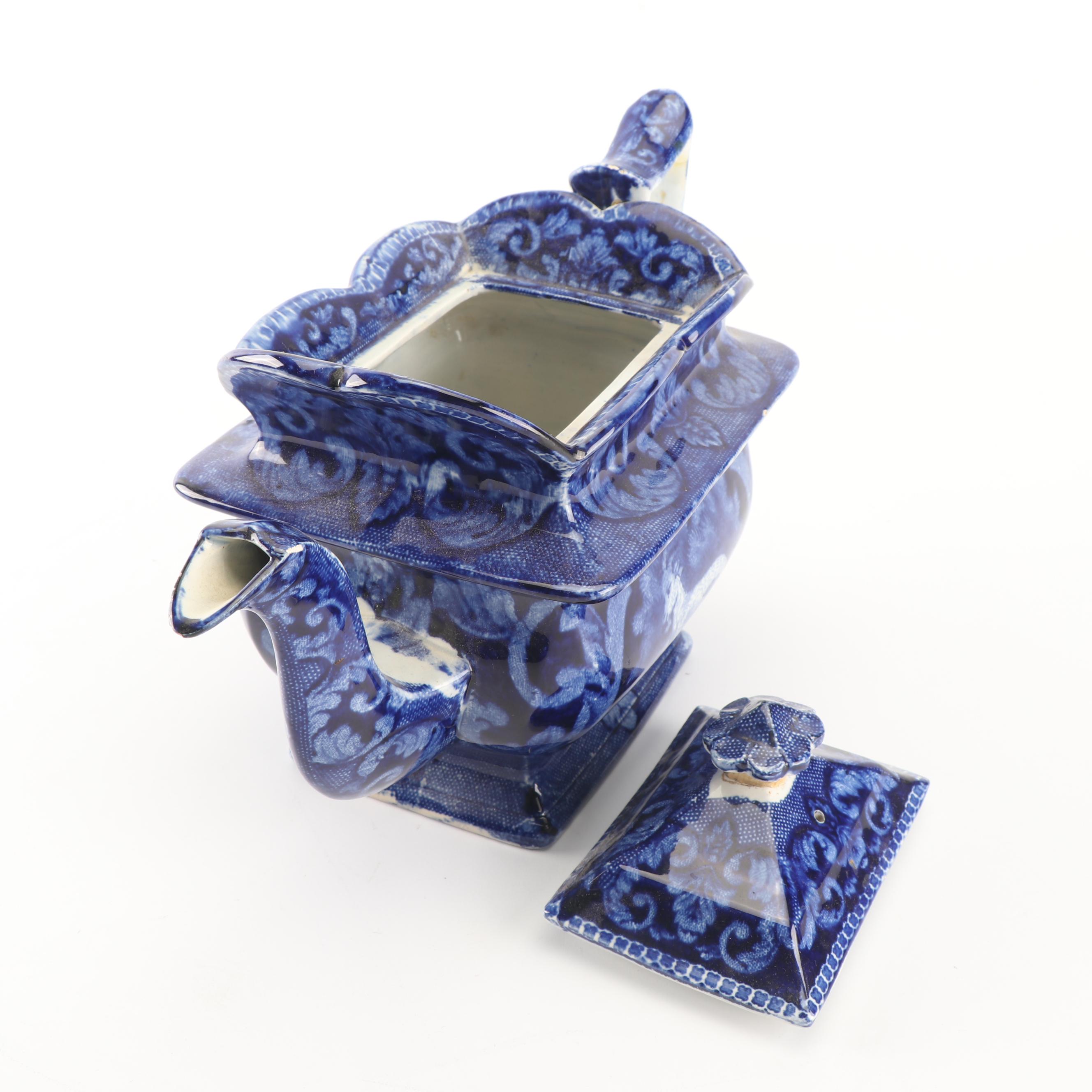 Arthur Wood Blue Glazed Pottery Pitcher with English Transfer-Printed Teapot