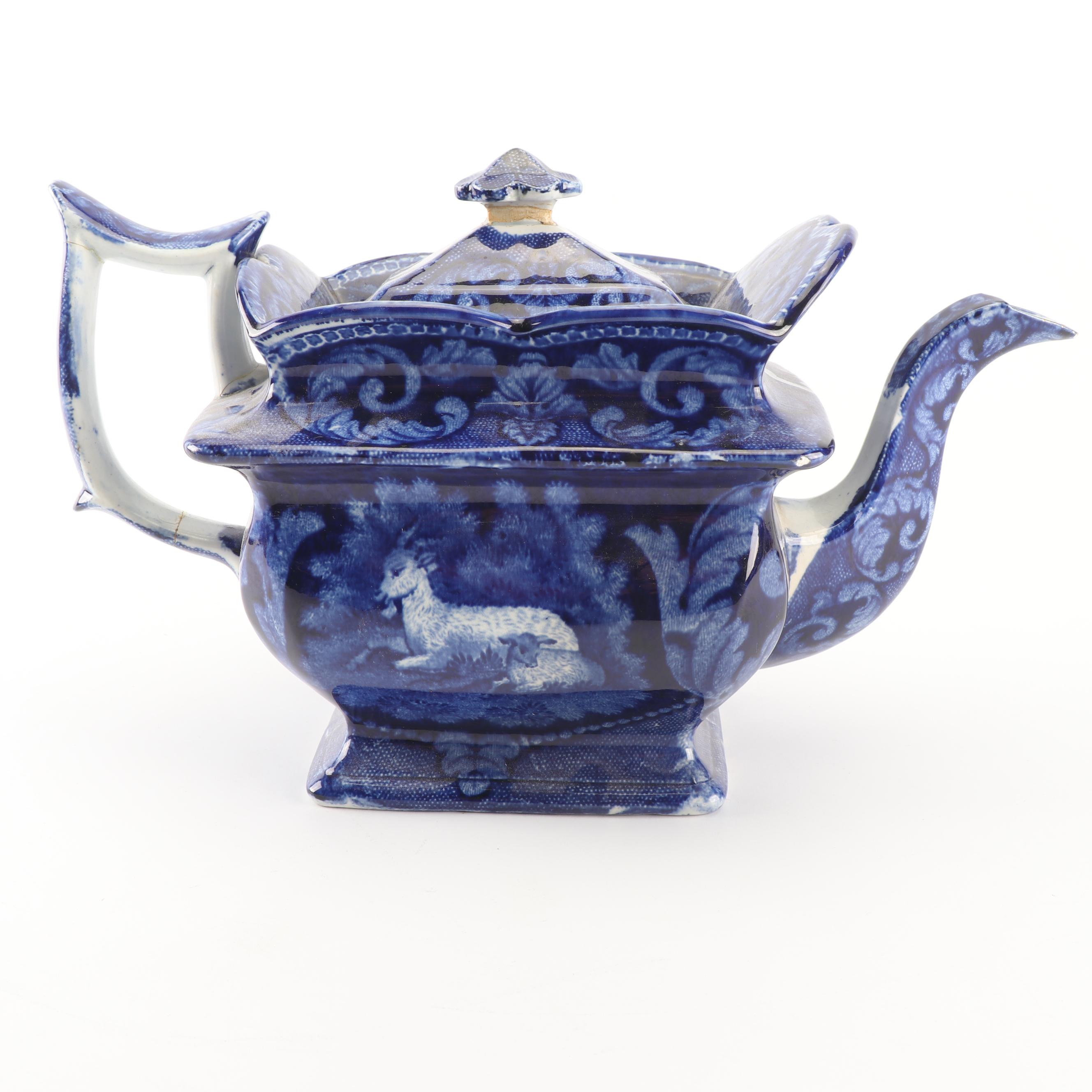 Arthur Wood Blue Glazed Pottery Pitcher with English Transfer-Printed Teapot