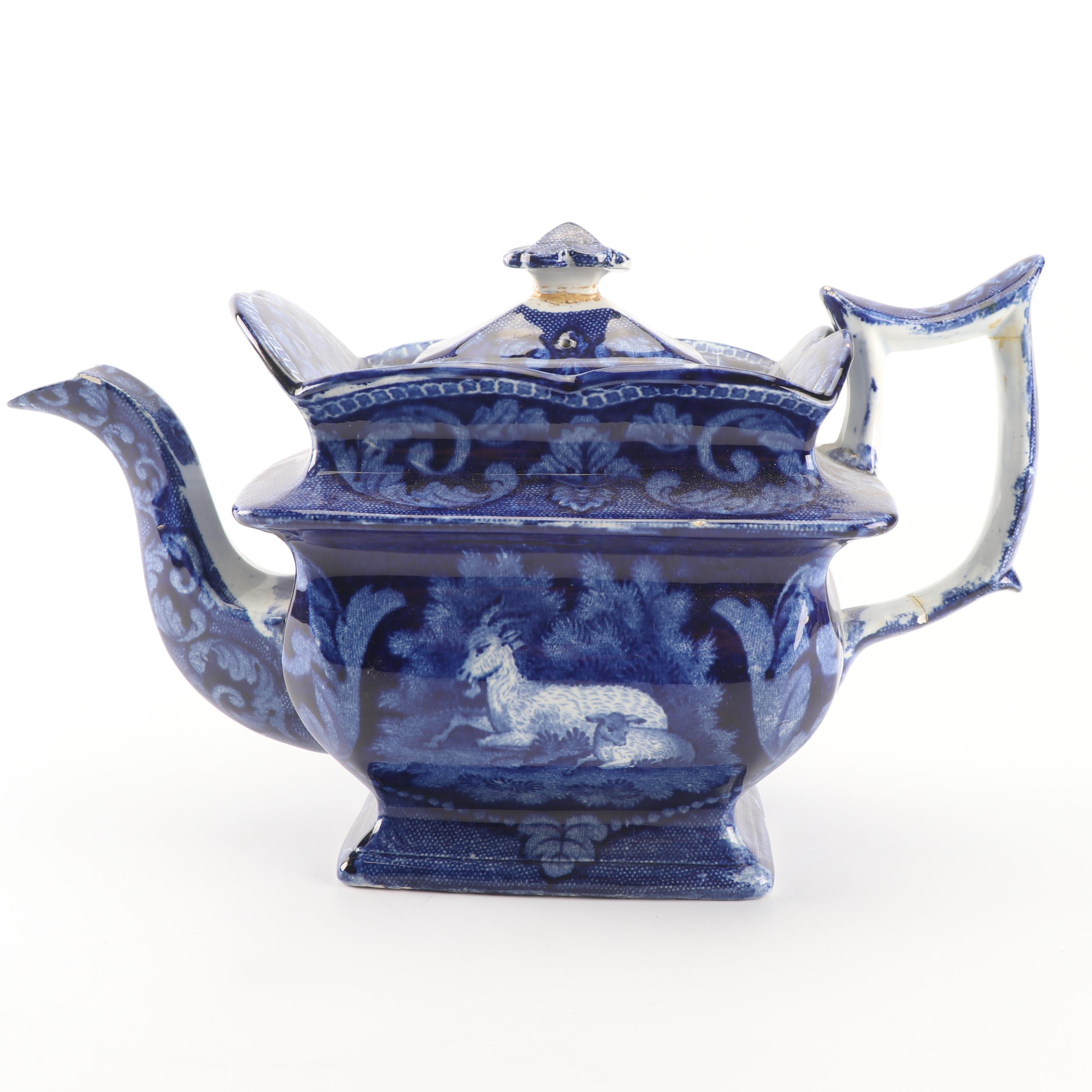 Arthur Wood Blue Glazed Pottery Pitcher with English Transfer-Printed Teapot