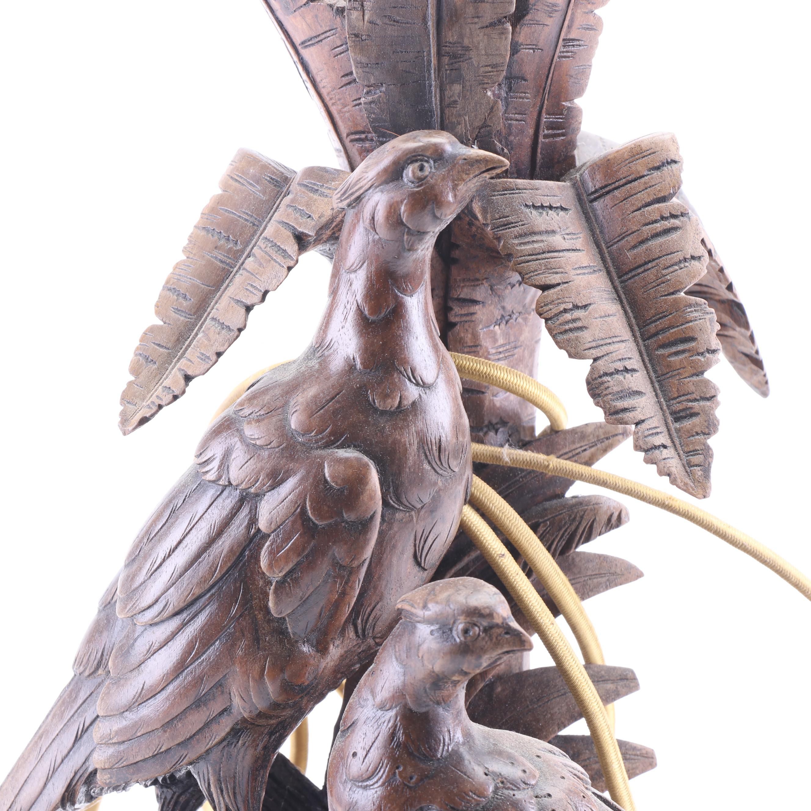 Carved Wood Table Lamps with Pheasant Feather Shades