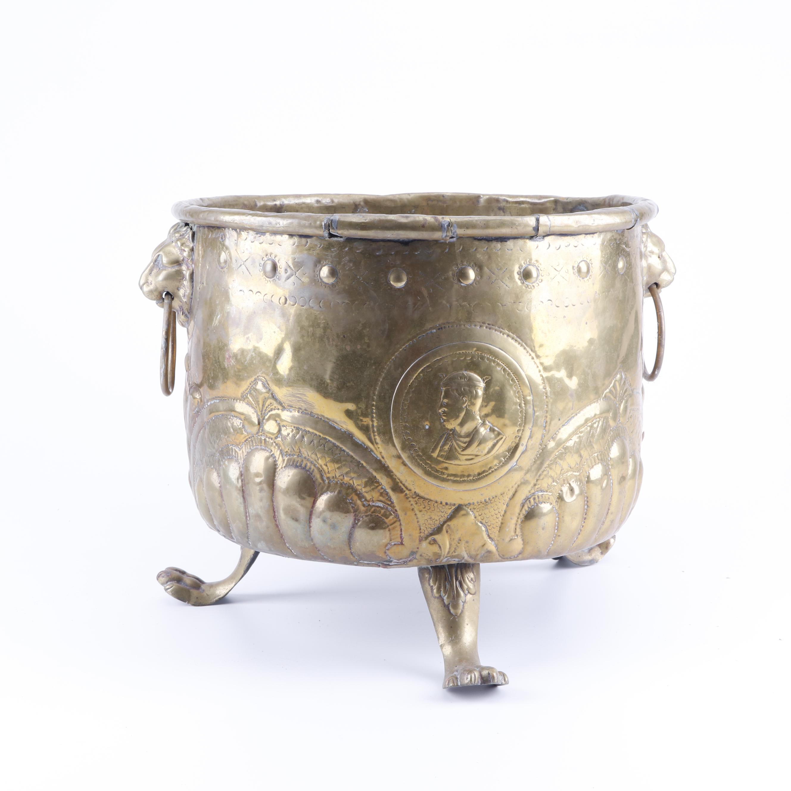Repoussé Brass Planter with Portrait Medallions and Lion's Head Handles