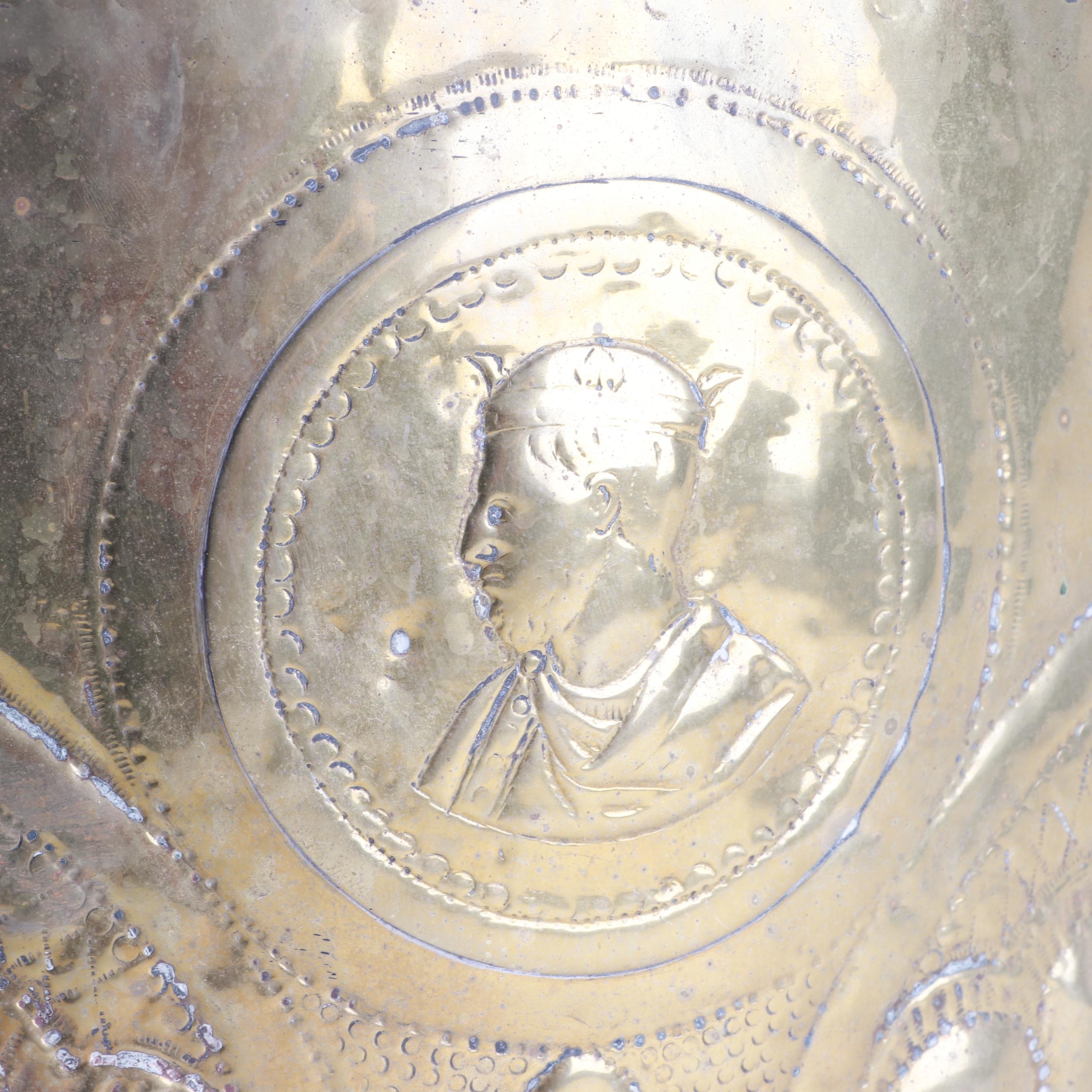 Repoussé Brass Planter with Portrait Medallions and Lion's Head Handles