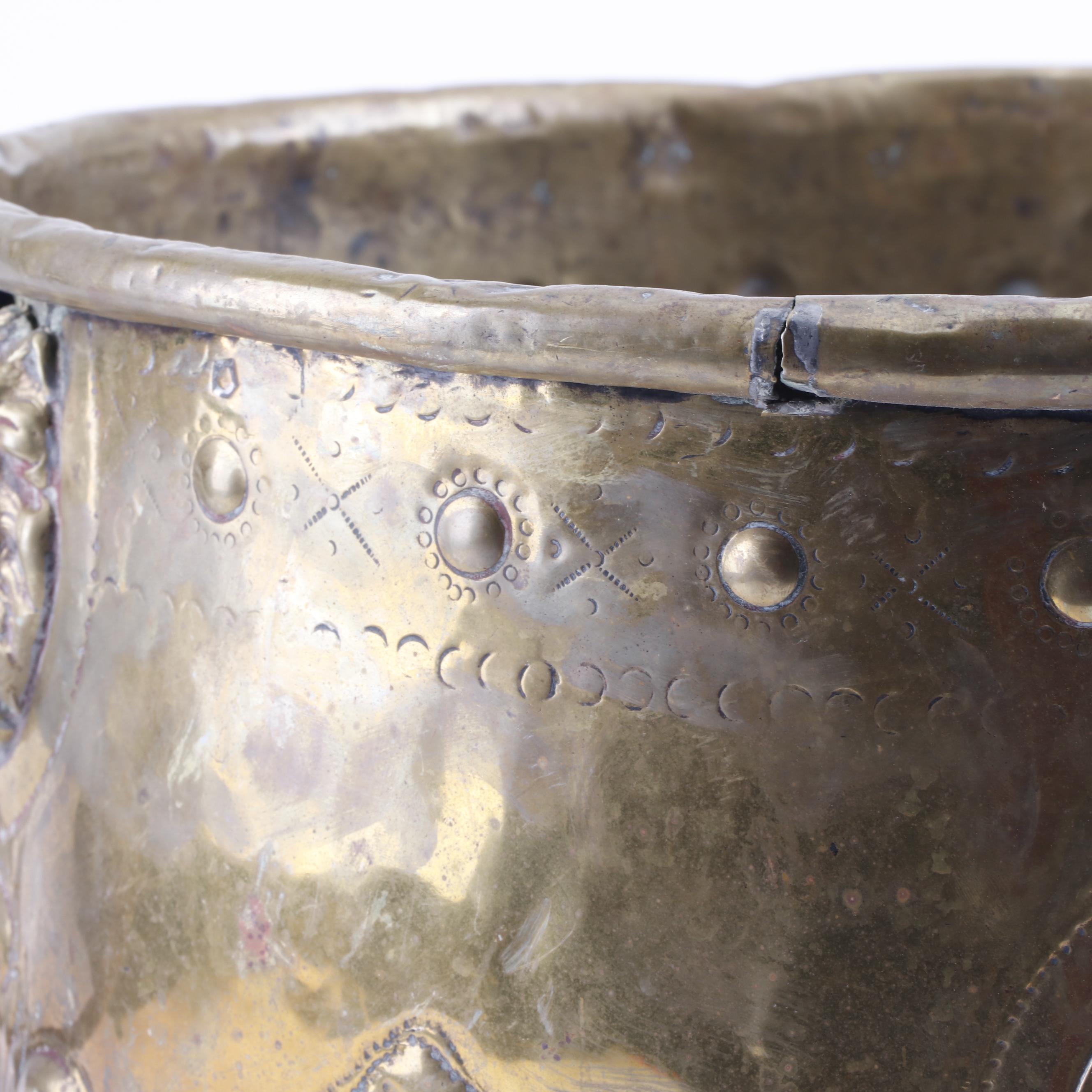 Repoussé Brass Planter with Portrait Medallions and Lion's Head Handles
