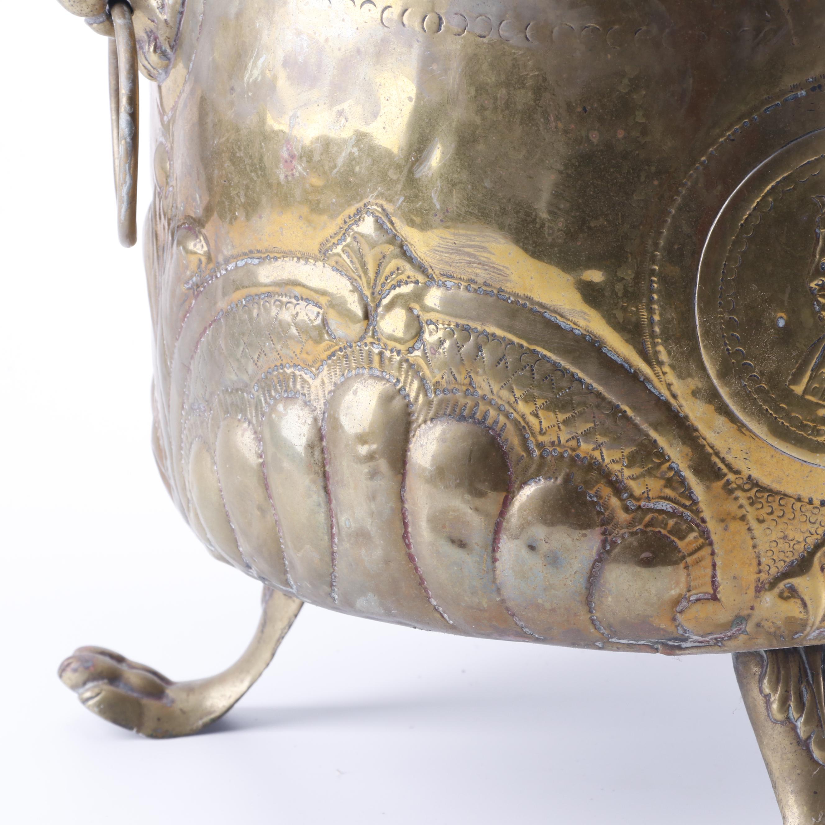 Repoussé Brass Planter with Portrait Medallions and Lion's Head Handles