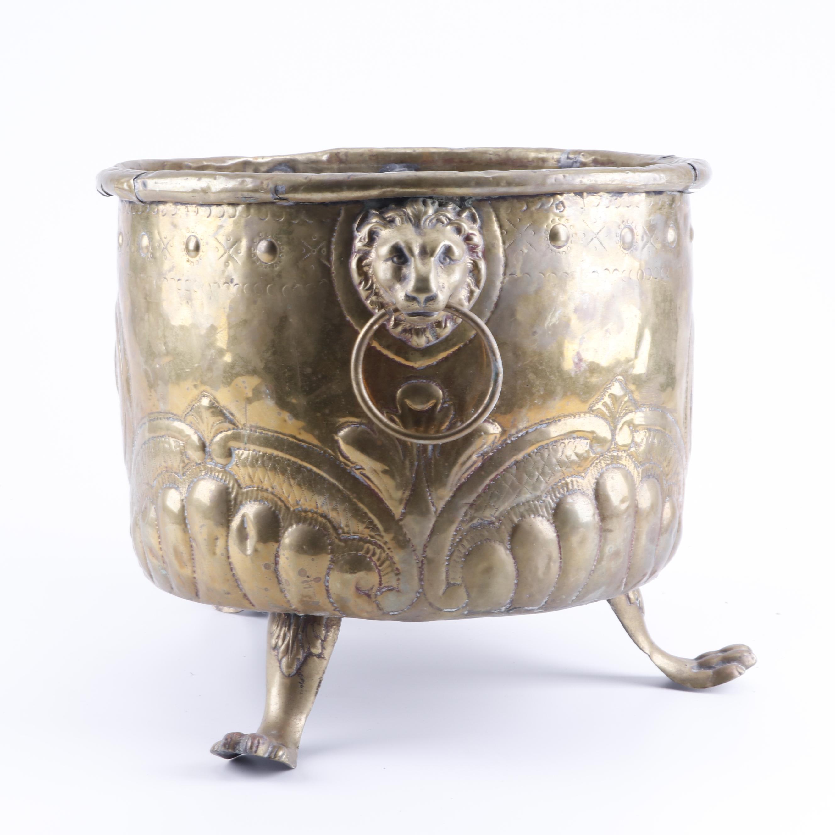 Repoussé Brass Planter with Portrait Medallions and Lion's Head Handles