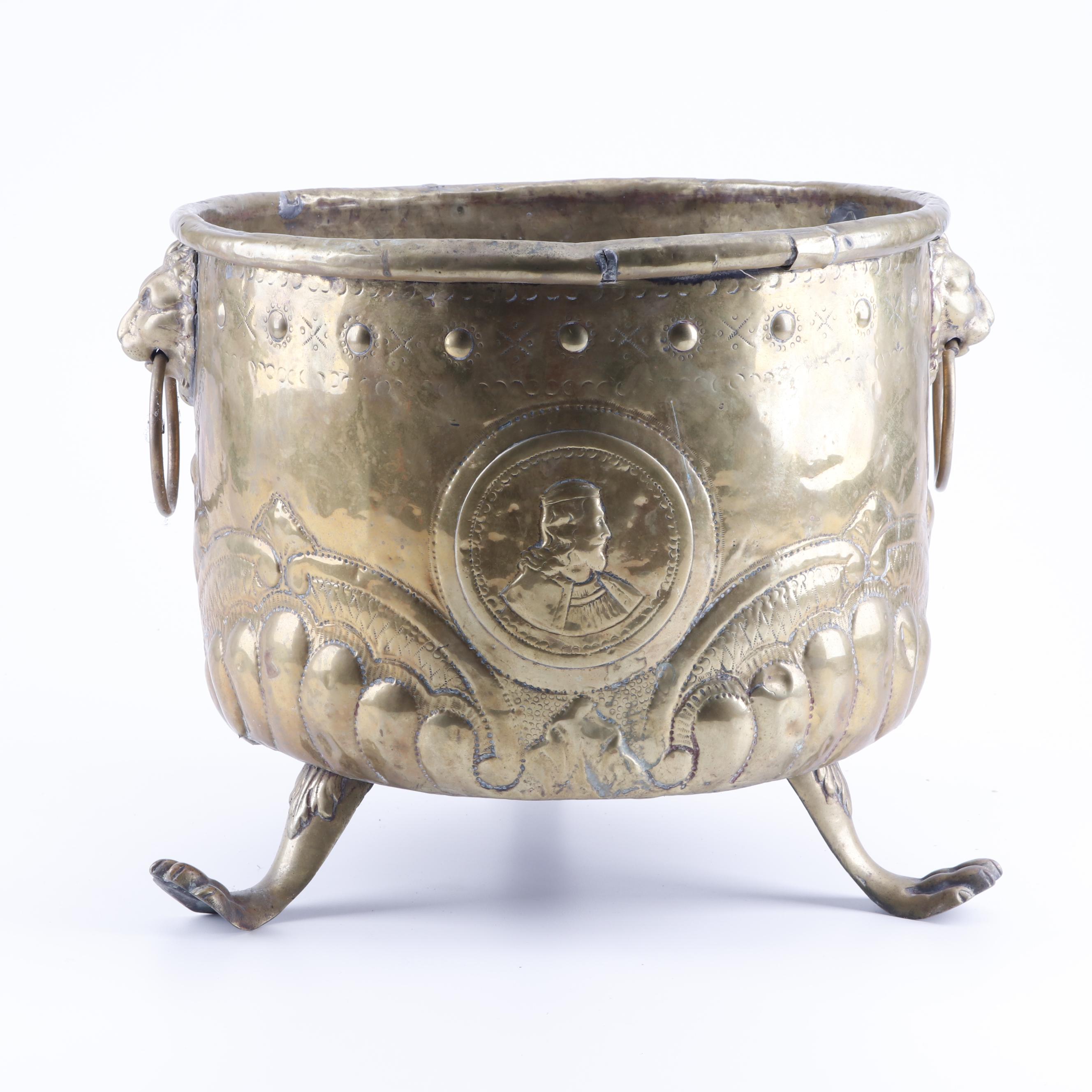 Repoussé Brass Planter with Portrait Medallions and Lion's Head Handles