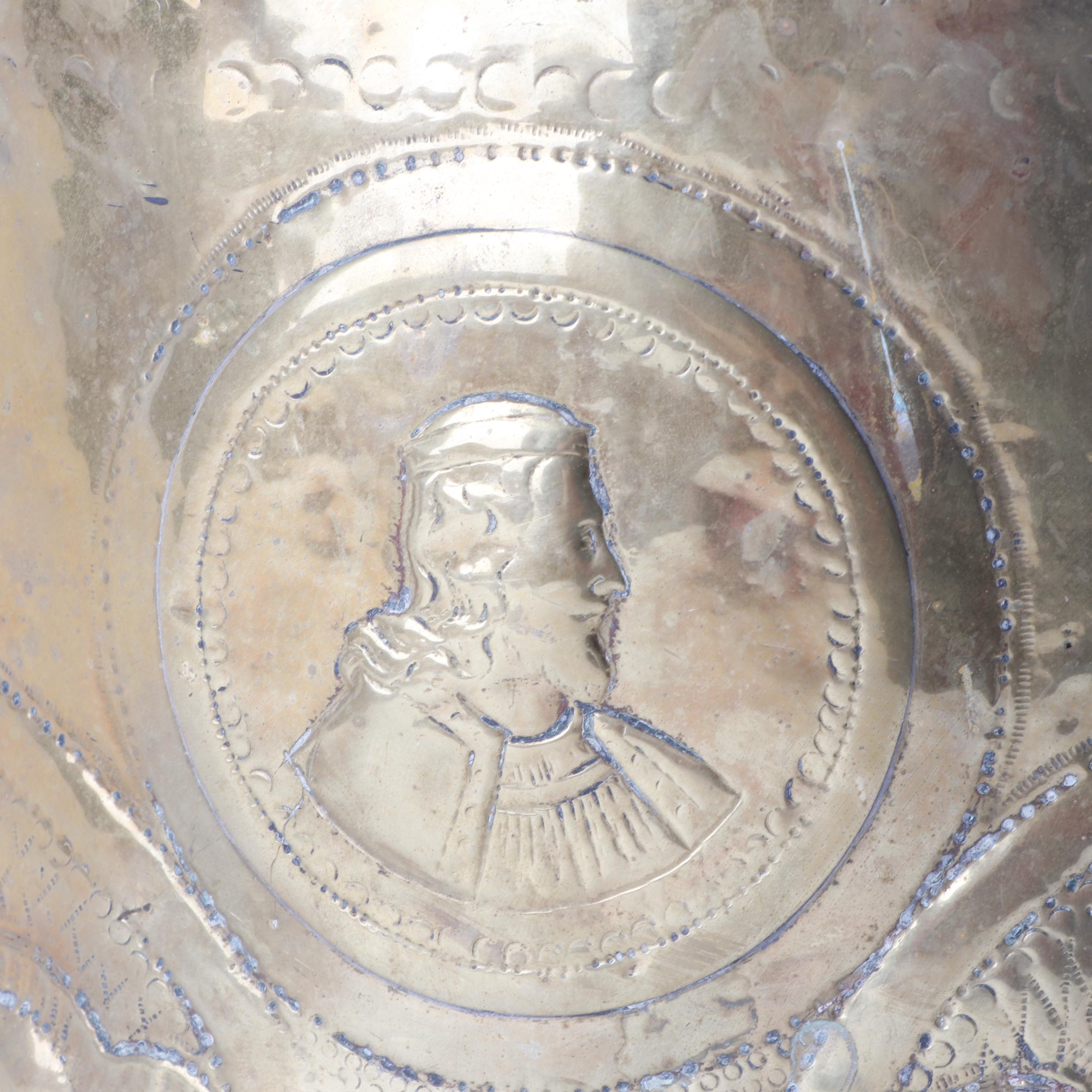 Repoussé Brass Planter with Portrait Medallions and Lion's Head Handles