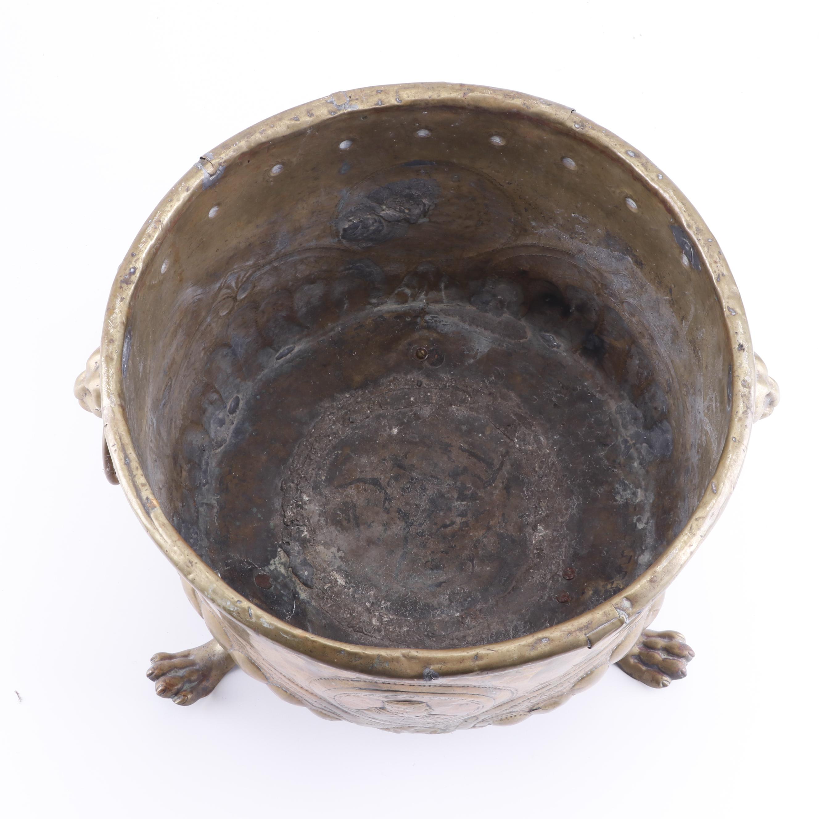 Repoussé Brass Planter with Portrait Medallions and Lion's Head Handles