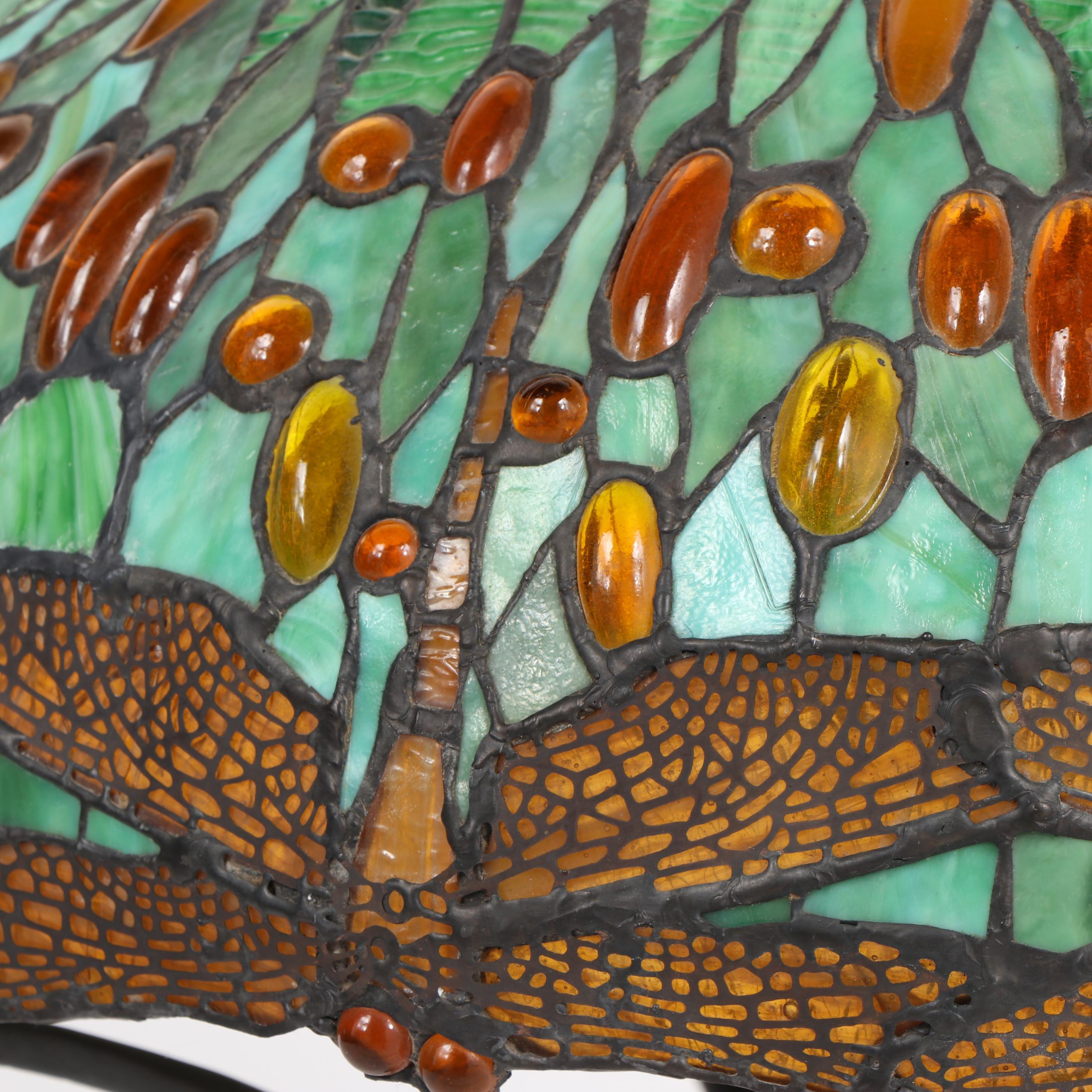 JSW Studios Leaded Glass, Mosaic and Patinated Metal Dragonfly Table Lamp