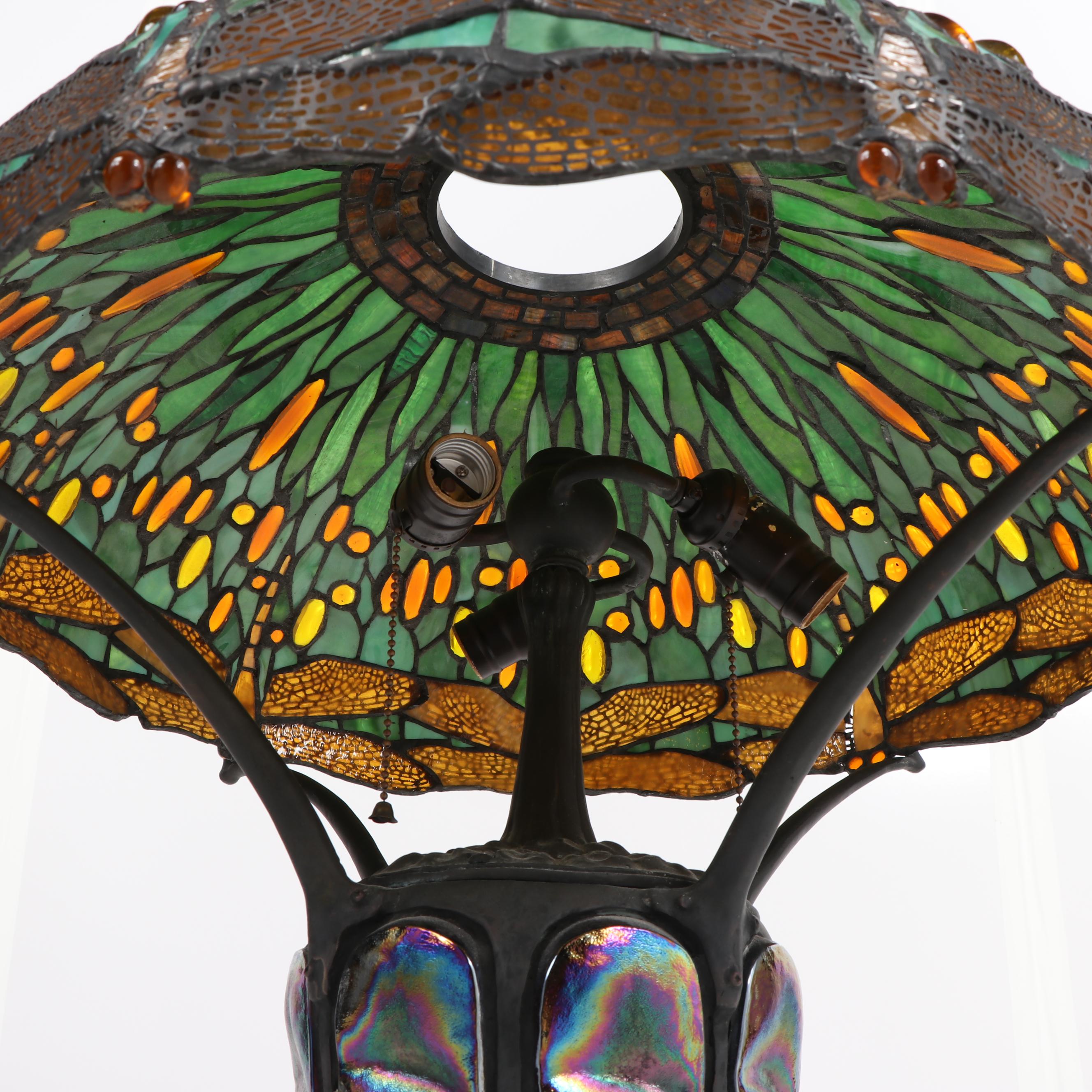 JSW Studios Leaded Glass, Mosaic and Patinated Metal Dragonfly Table Lamp