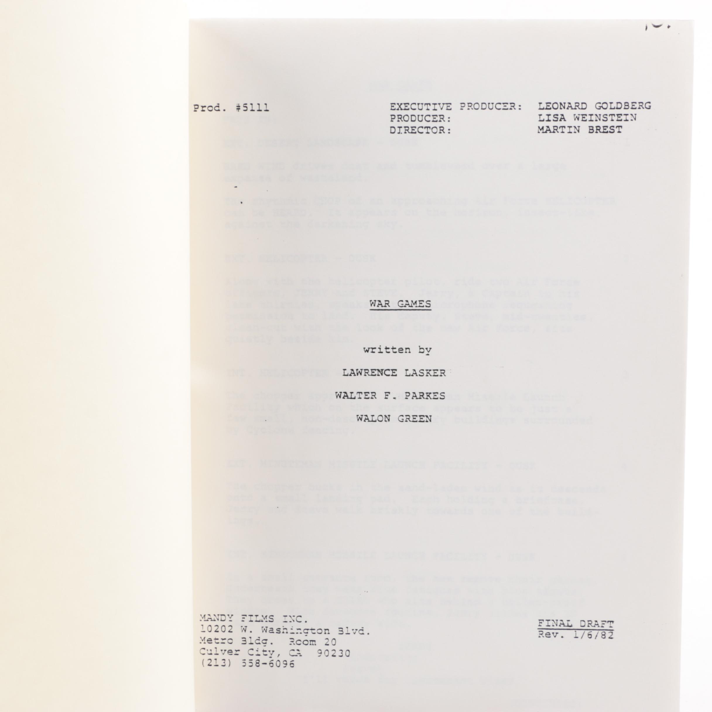 "WarGames" Screenplay by Lawrence Lasker, Walter F. Parkes, and Walon Green