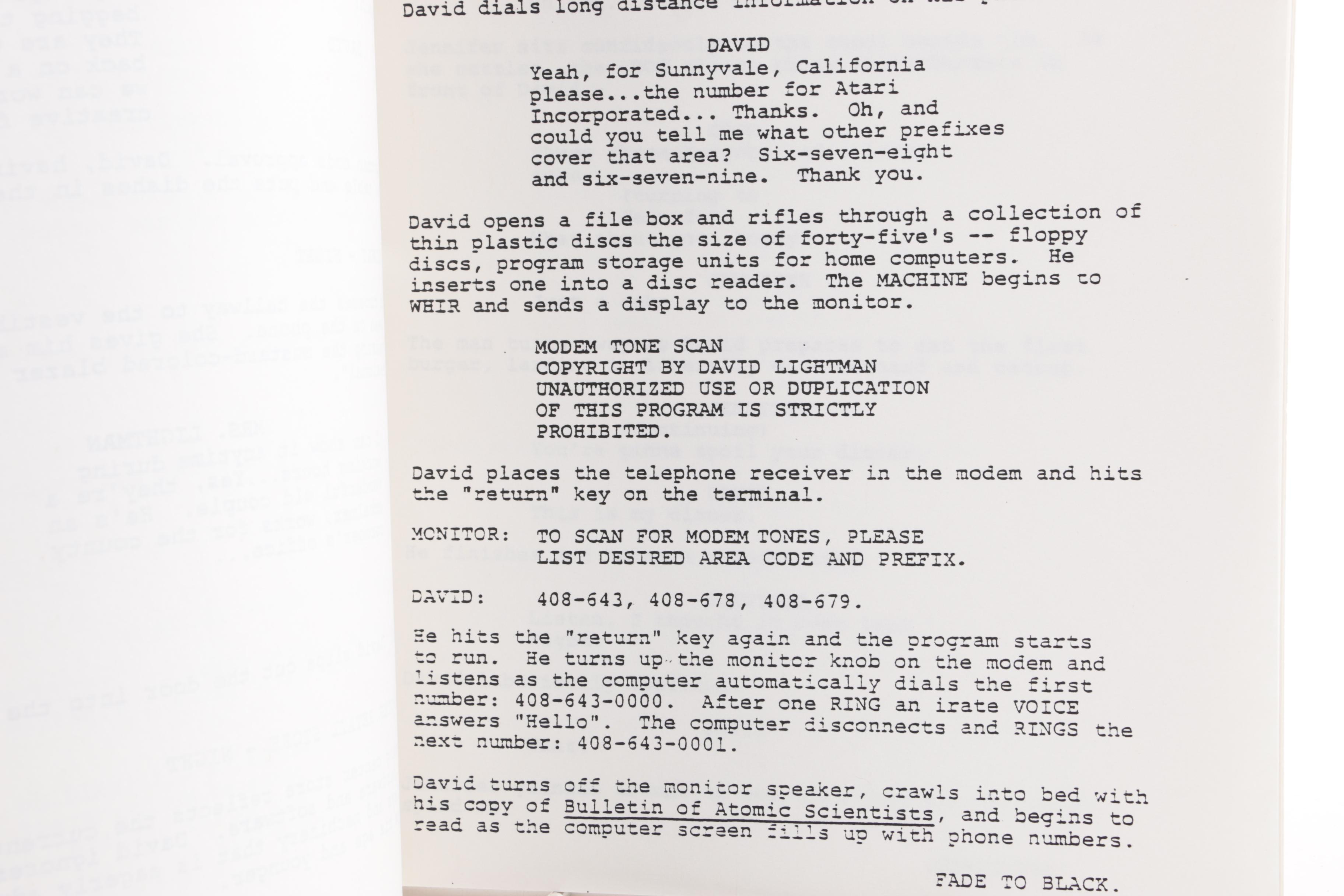 "WarGames" Screenplay by Lawrence Lasker, Walter F. Parkes, and Walon Green