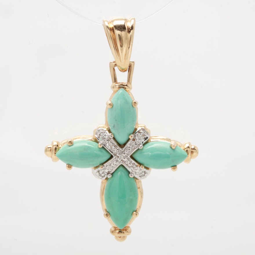 14K Yellow Gold Turquoise and Diamond Pendant