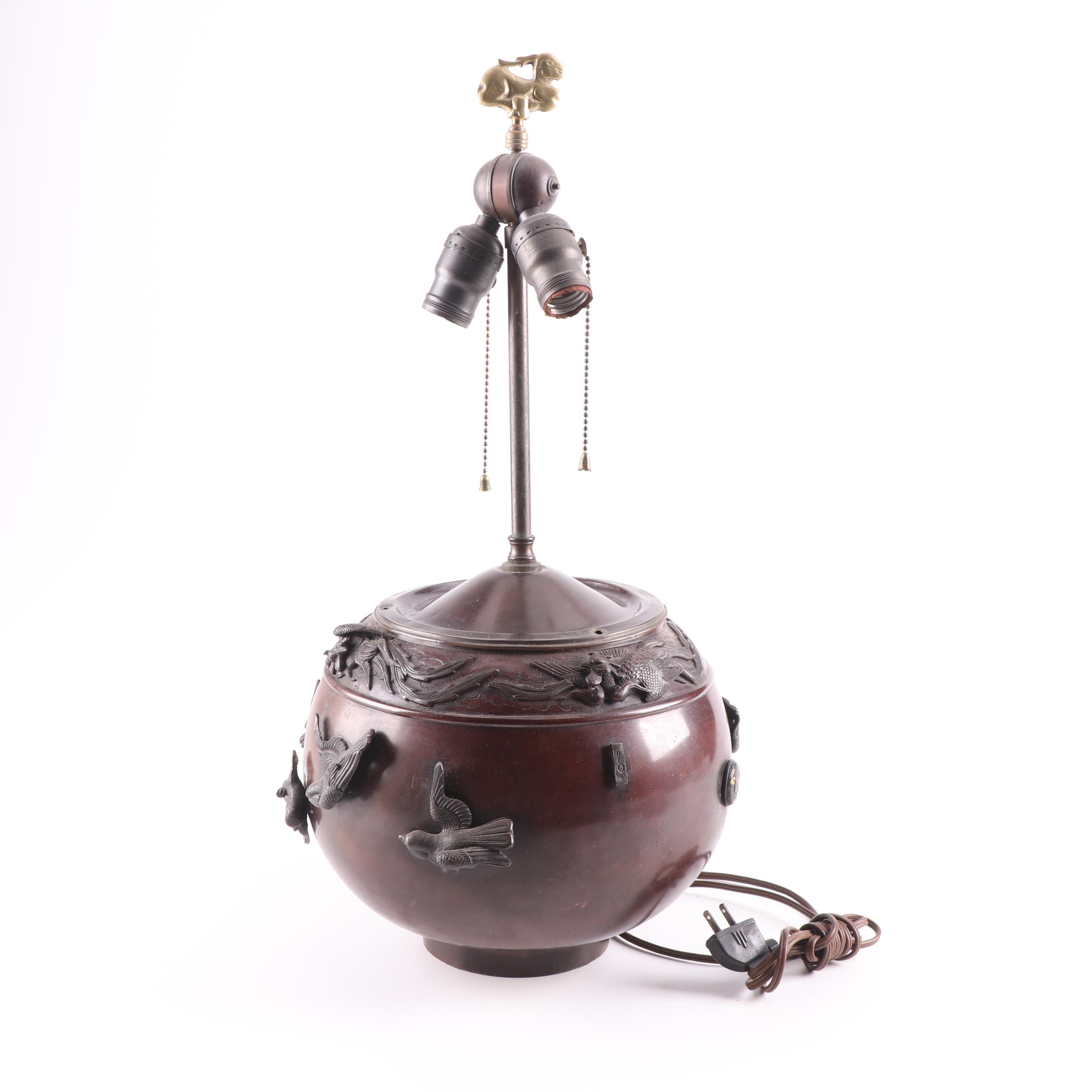 Chinese Metal Ginger Jar Table Lamp with Applied Medallions and Birds