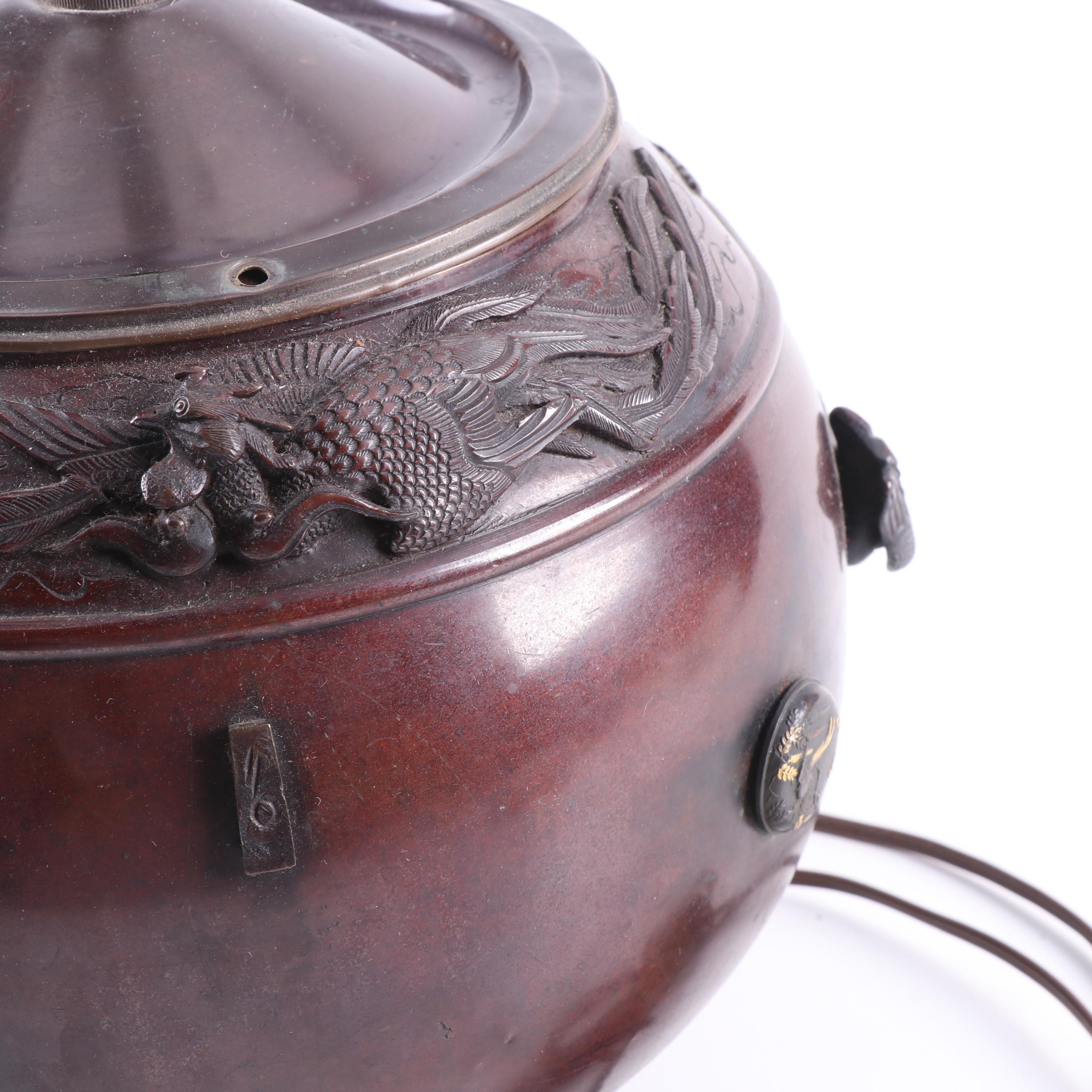 Chinese Metal Ginger Jar Table Lamp with Applied Medallions and Birds