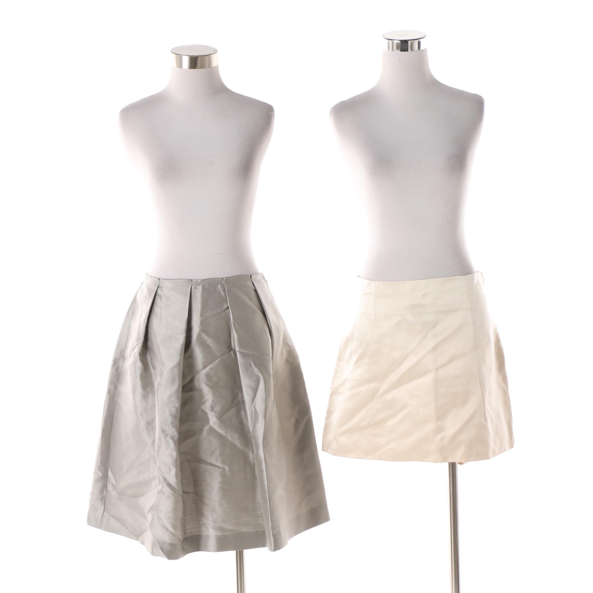Prada Metallic Wool Blend A-Line Skirt and Cream Satin Silk Miniskirt