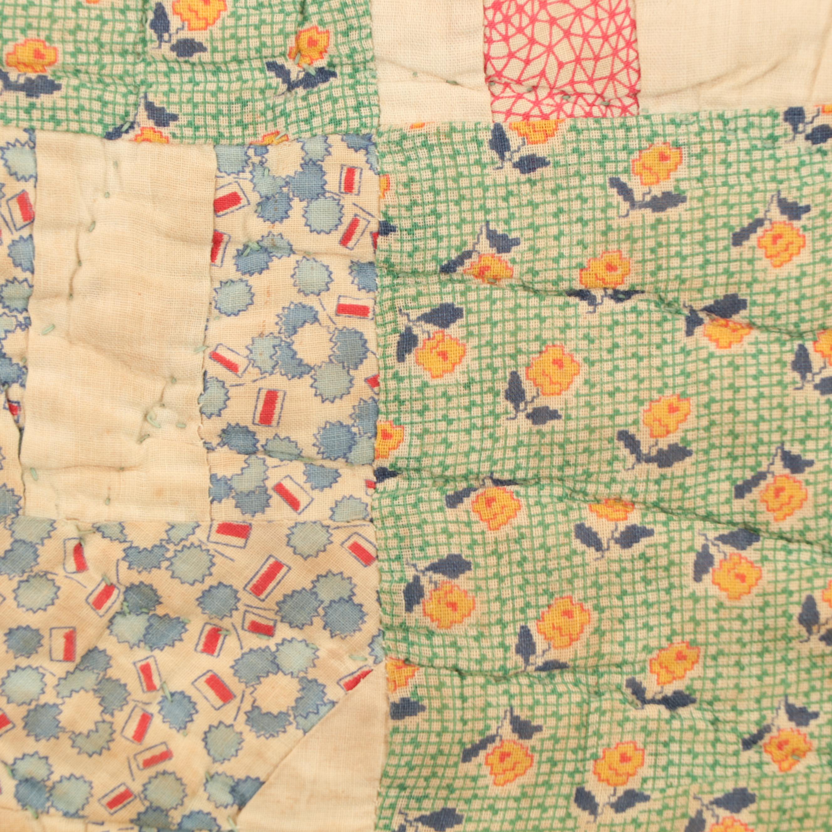 Handmade "Schoolhouse" Feedsack Quilt, Circa 1930's