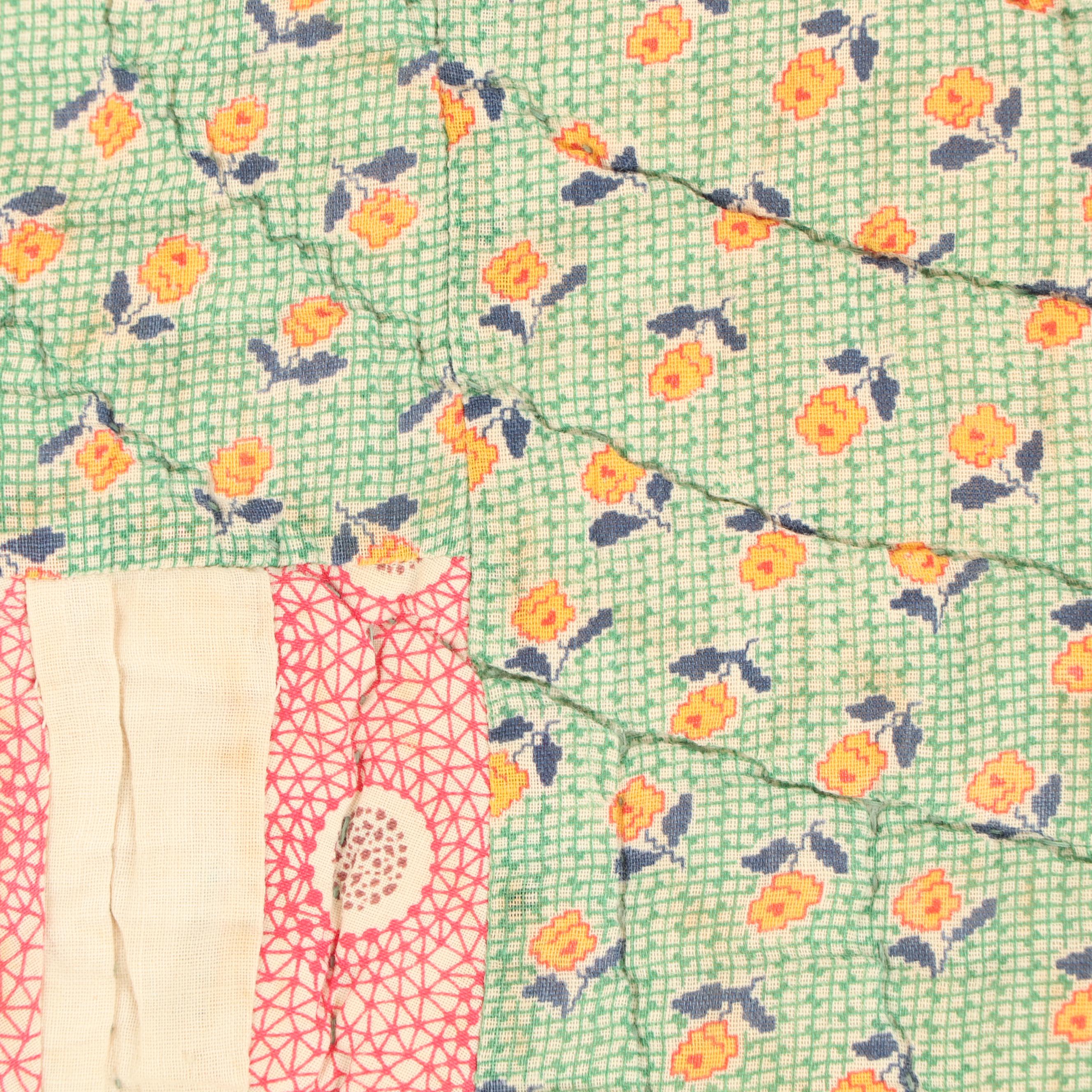 Handmade "Schoolhouse" Feedsack Quilt, Circa 1930's