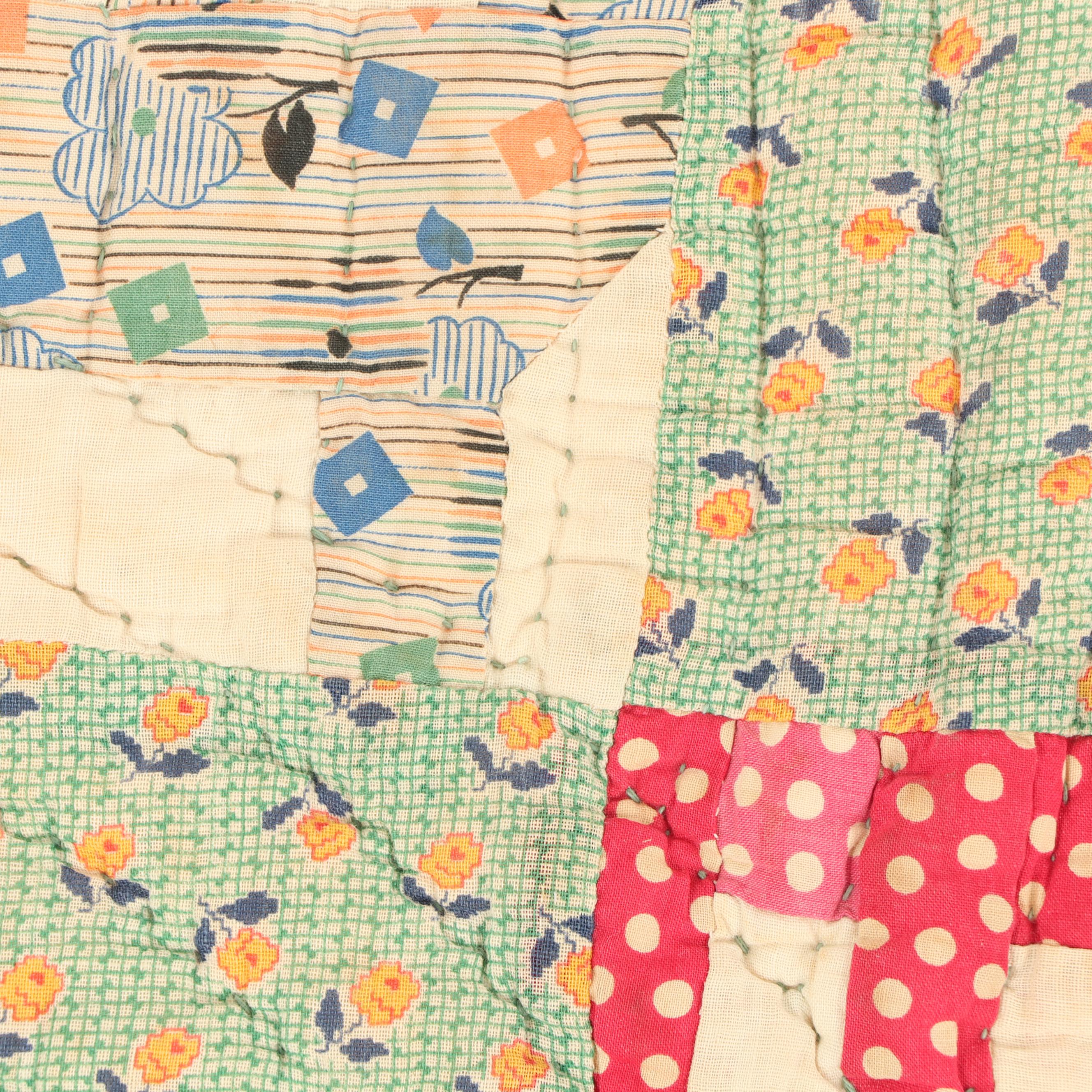 Handmade "Schoolhouse" Feedsack Quilt, Circa 1930's