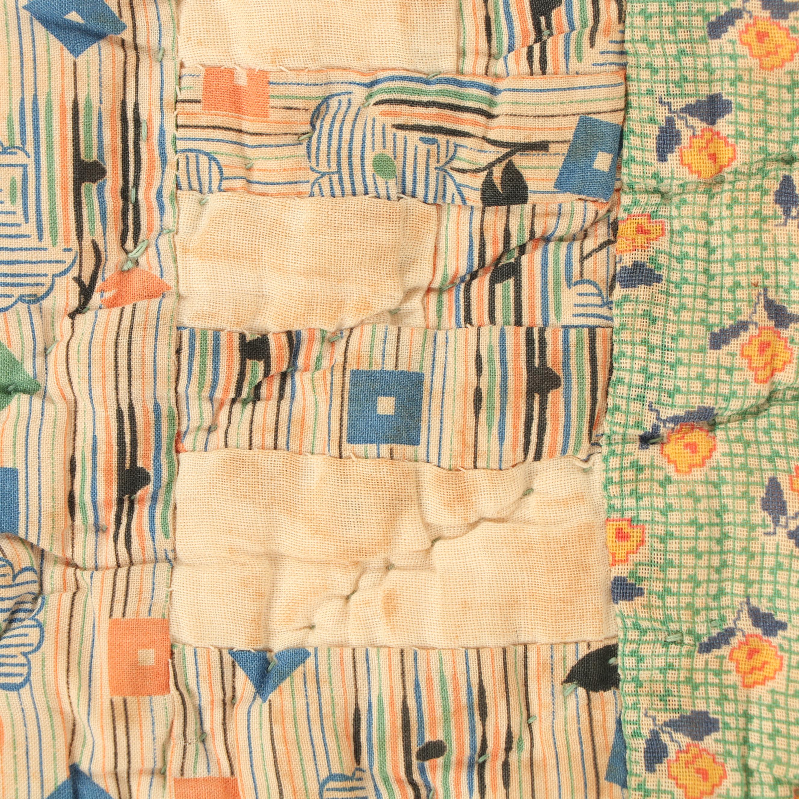 Handmade "Schoolhouse" Feedsack Quilt, Circa 1930's