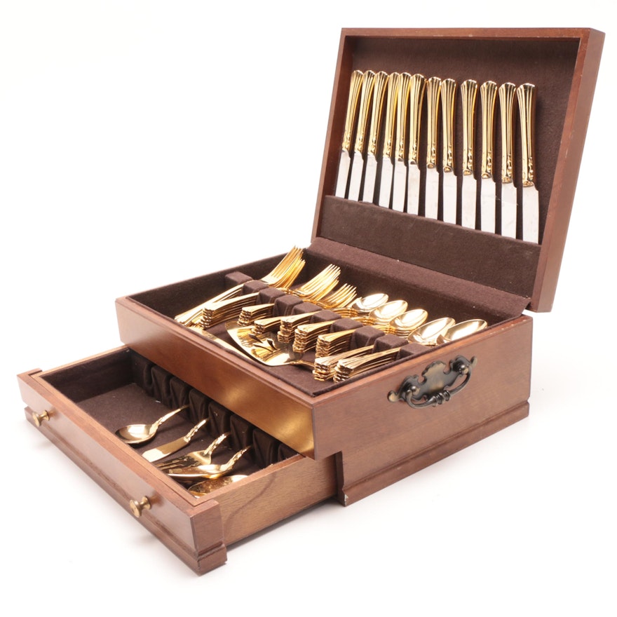 Supreme Cutlery by Towle "Classic Plume Gold" Flatware With Storage Chest