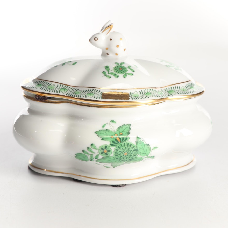 Herend Porcelain "Chinese Bouquet" Green Bonbon Box
