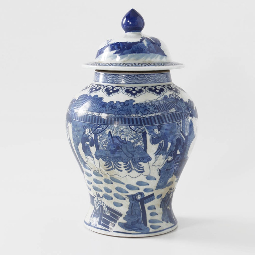 Chinese Blue and White Transferware Ginger Jar with Figural Scenes