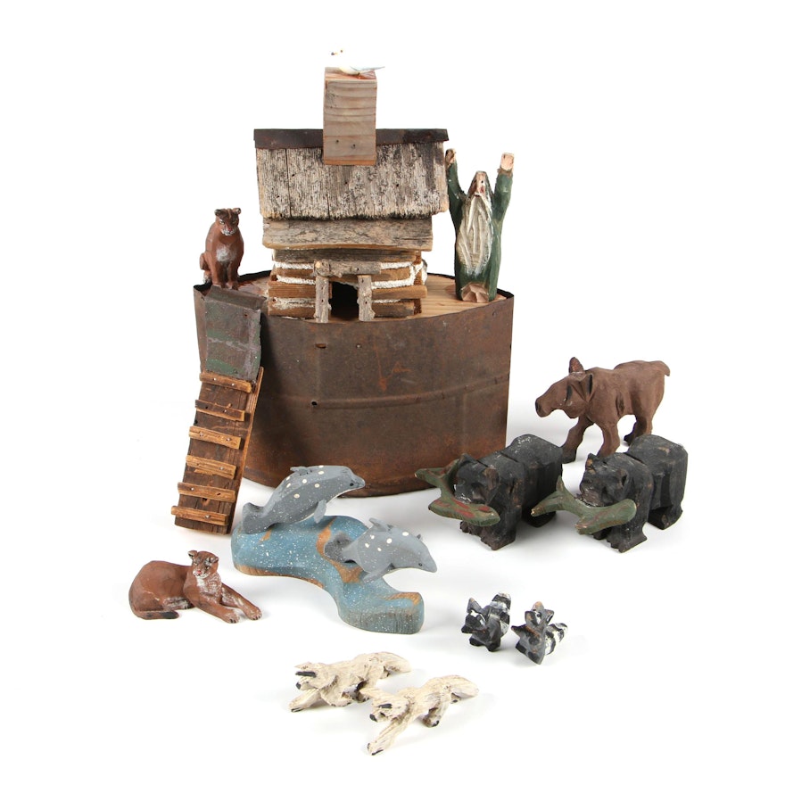 Folk Art Style Noah's Ark with Carved Wood Figurines