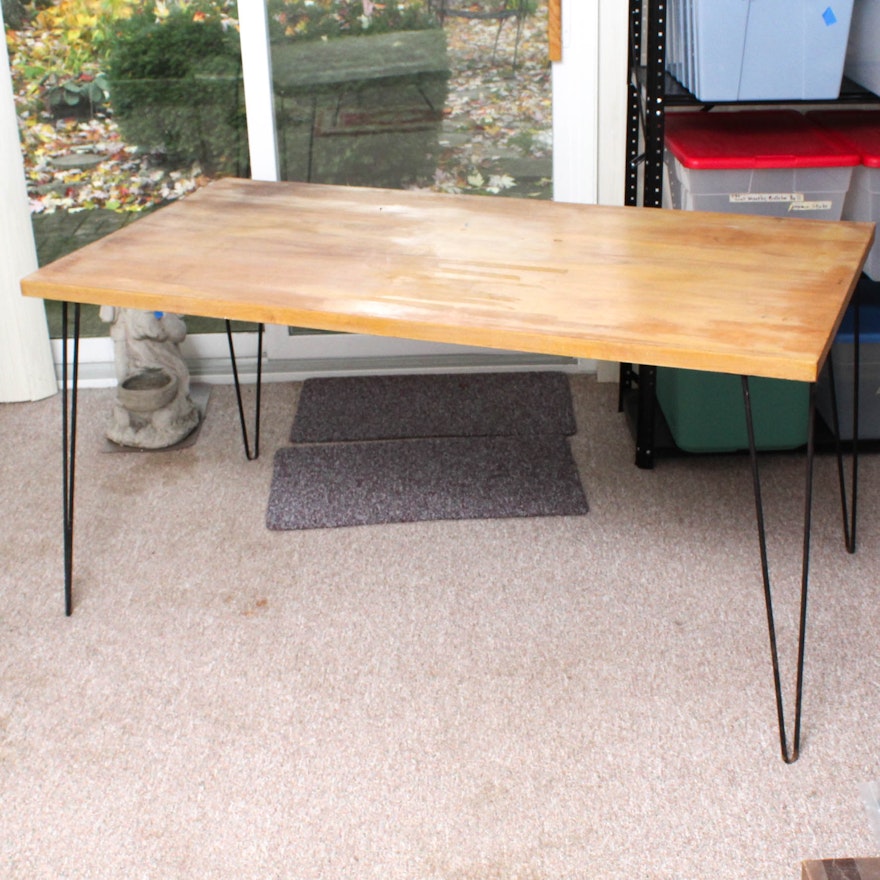 Mid Century Wood Top Dining Table with Metal Hair Pin Legs