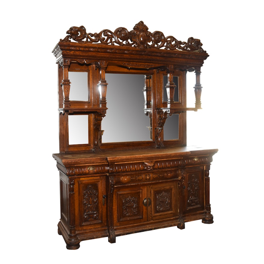 Late 19th Century Victorian Carved Oak Sideboard With Curio Top in the Style of R.J. Horner