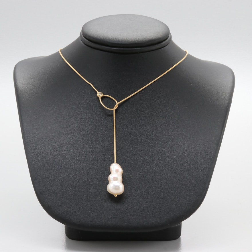 18K Yellow Gold Cultured Pearl and Diamond Snake Link Lariat Necklace