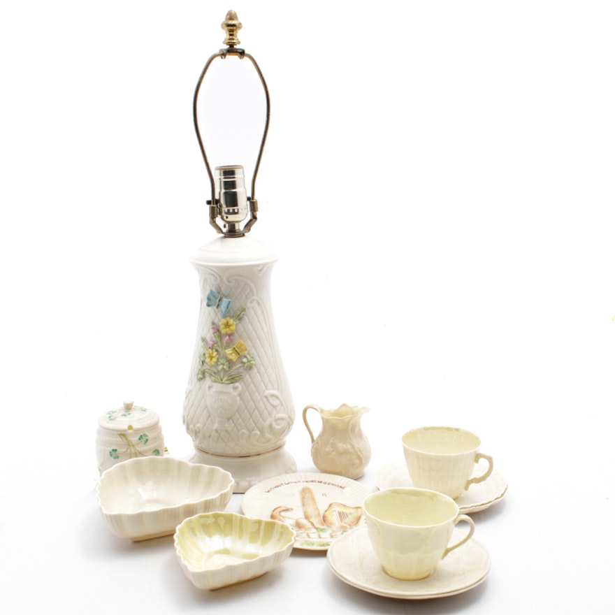 Belleek Porcelain "Woodland Boutique" Accent Lamp, Cups, Saucers and Dishes