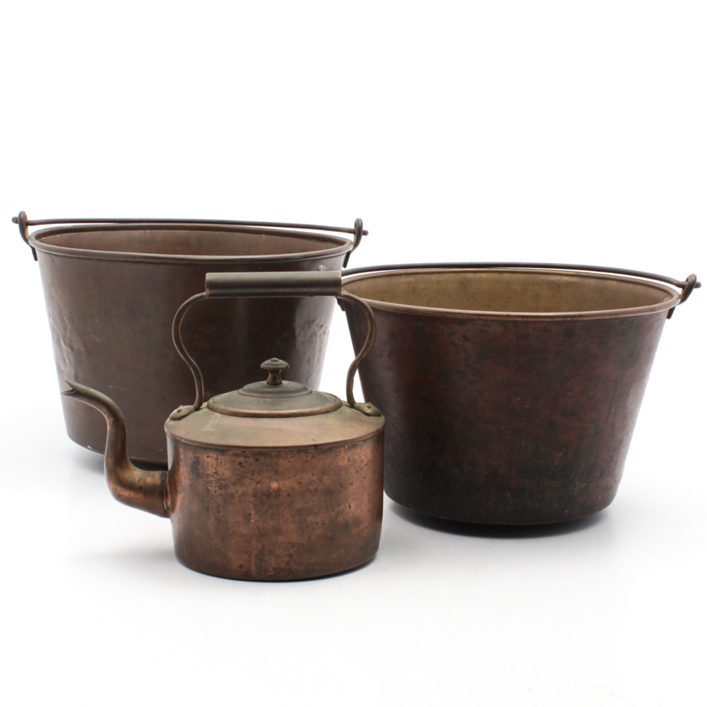 Antique Brass Fireplace Buckets and Copper Kettle