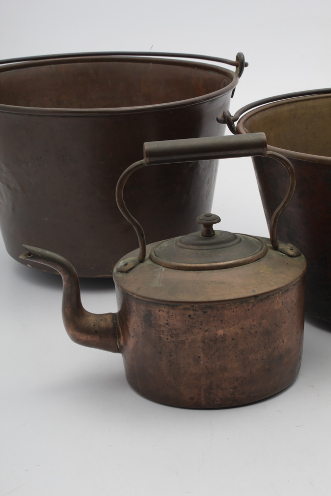 Antique Brass Fireplace Buckets and Copper Kettle