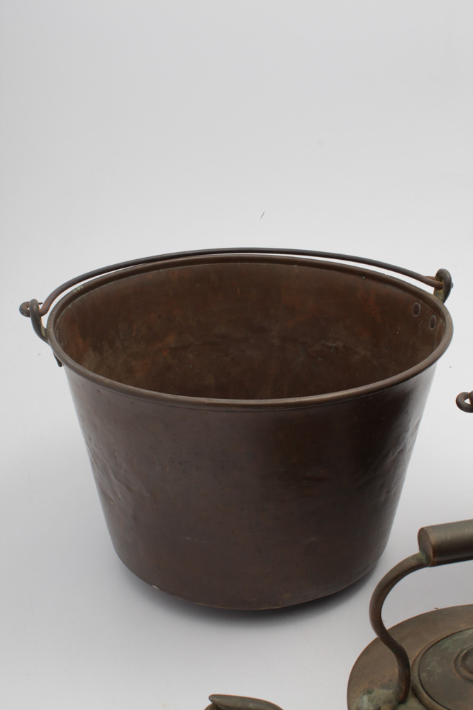 Antique Brass Fireplace Buckets and Copper Kettle