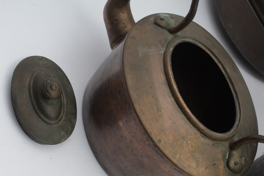 Antique Brass Fireplace Buckets and Copper Kettle
