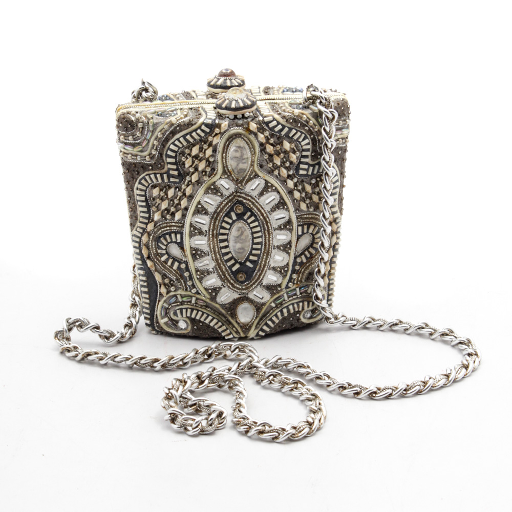 Mary Frances Ornately Jeweled Evening Bag with Silver Chain