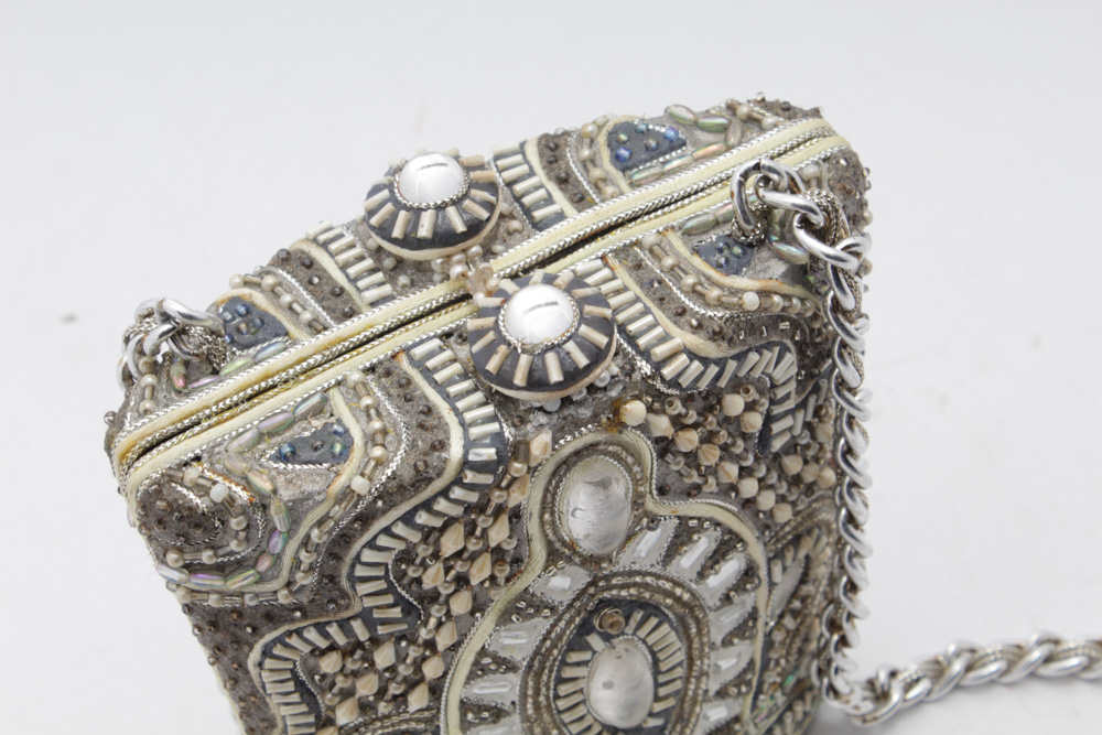 Mary Frances Ornately Jeweled Evening Bag with Silver Chain