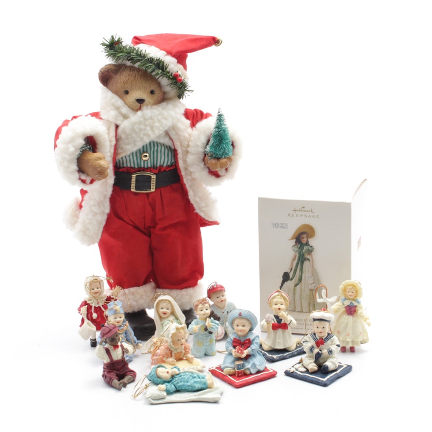 Ashton-Drake and Hallmark Vintage Doll Themed Christmas Ornaments and Bear