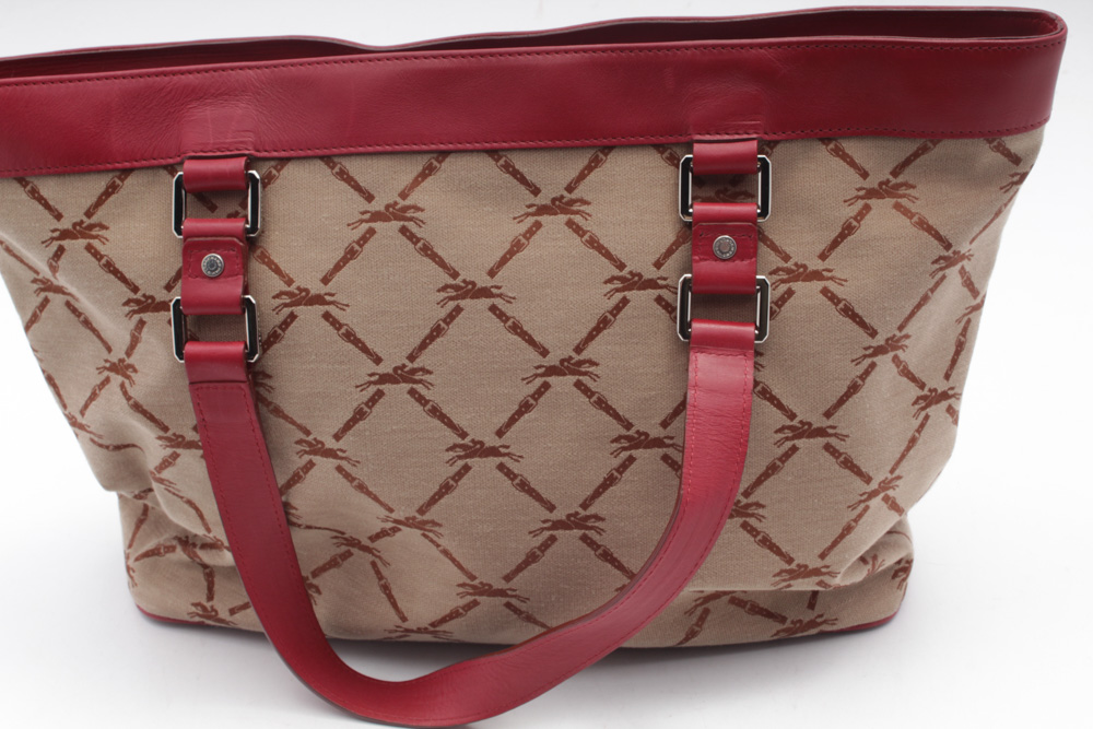 Longchamp Paris Canvas and Red Leather Tote