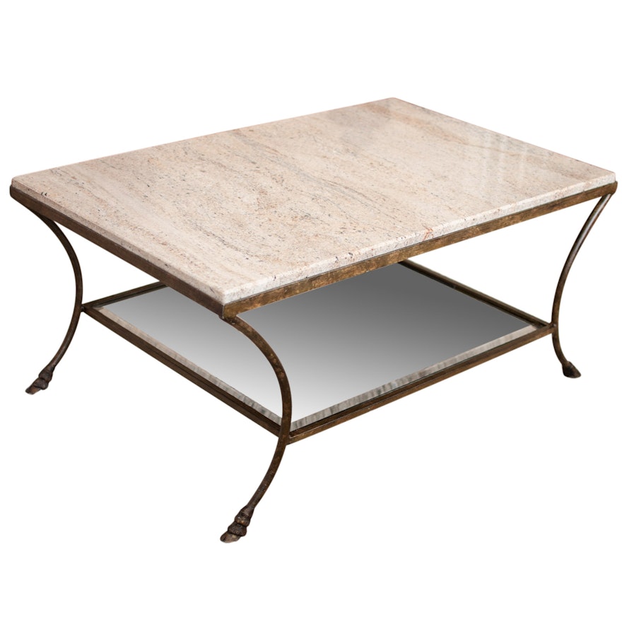 Contemporary Coffee Table with Marble Top and Beveled Glass Shelf by Henredon