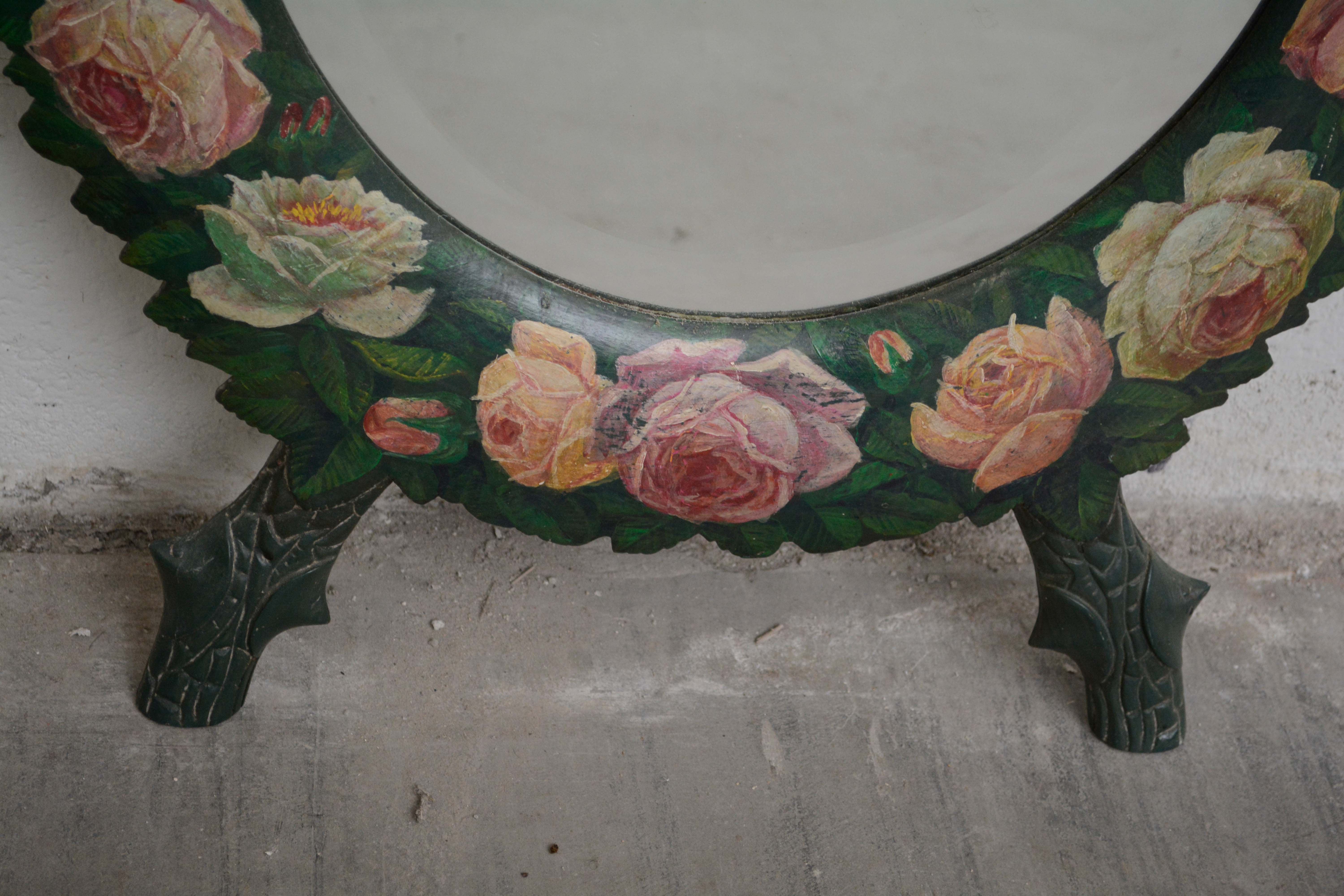 Floral Painted Wall Mount Mirror, Mid/Late 20th Century