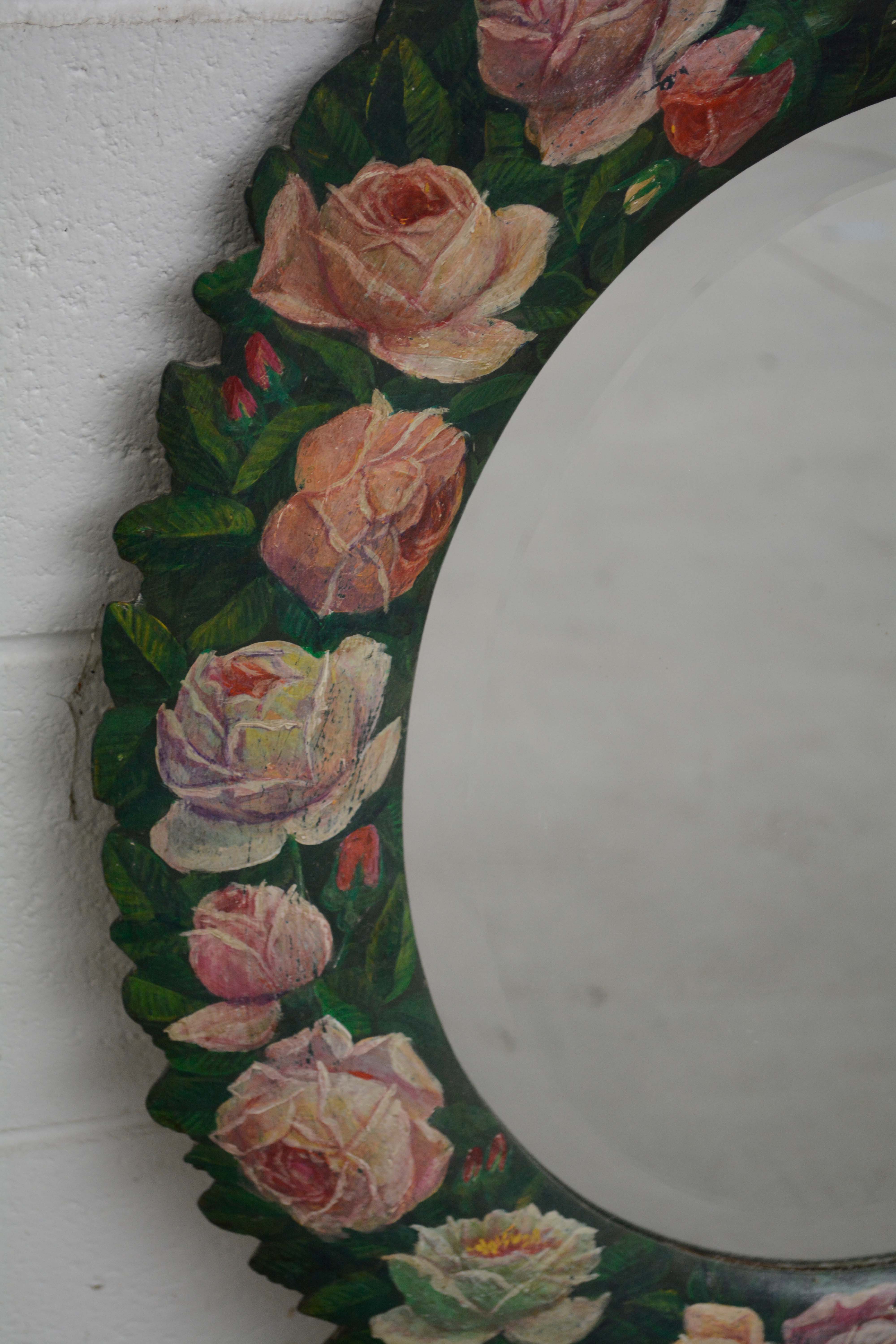Floral Painted Wall Mount Mirror, Mid/Late 20th Century