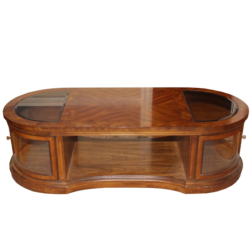 Oval Walnut and Glass Coffee Table, Late 20th Century