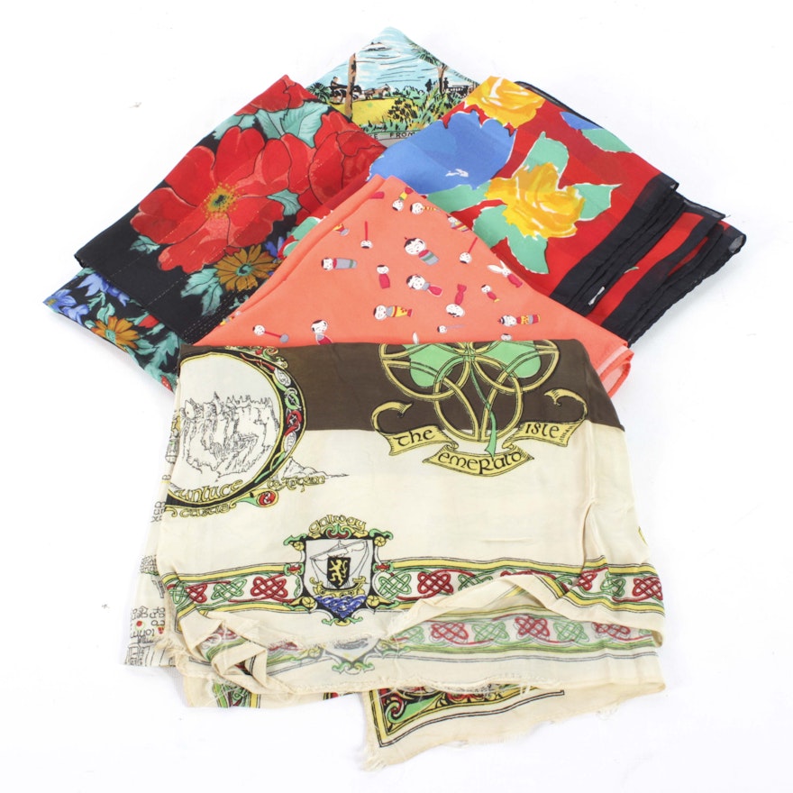 Collection of Five Women's Scarves in Multicolor Prints