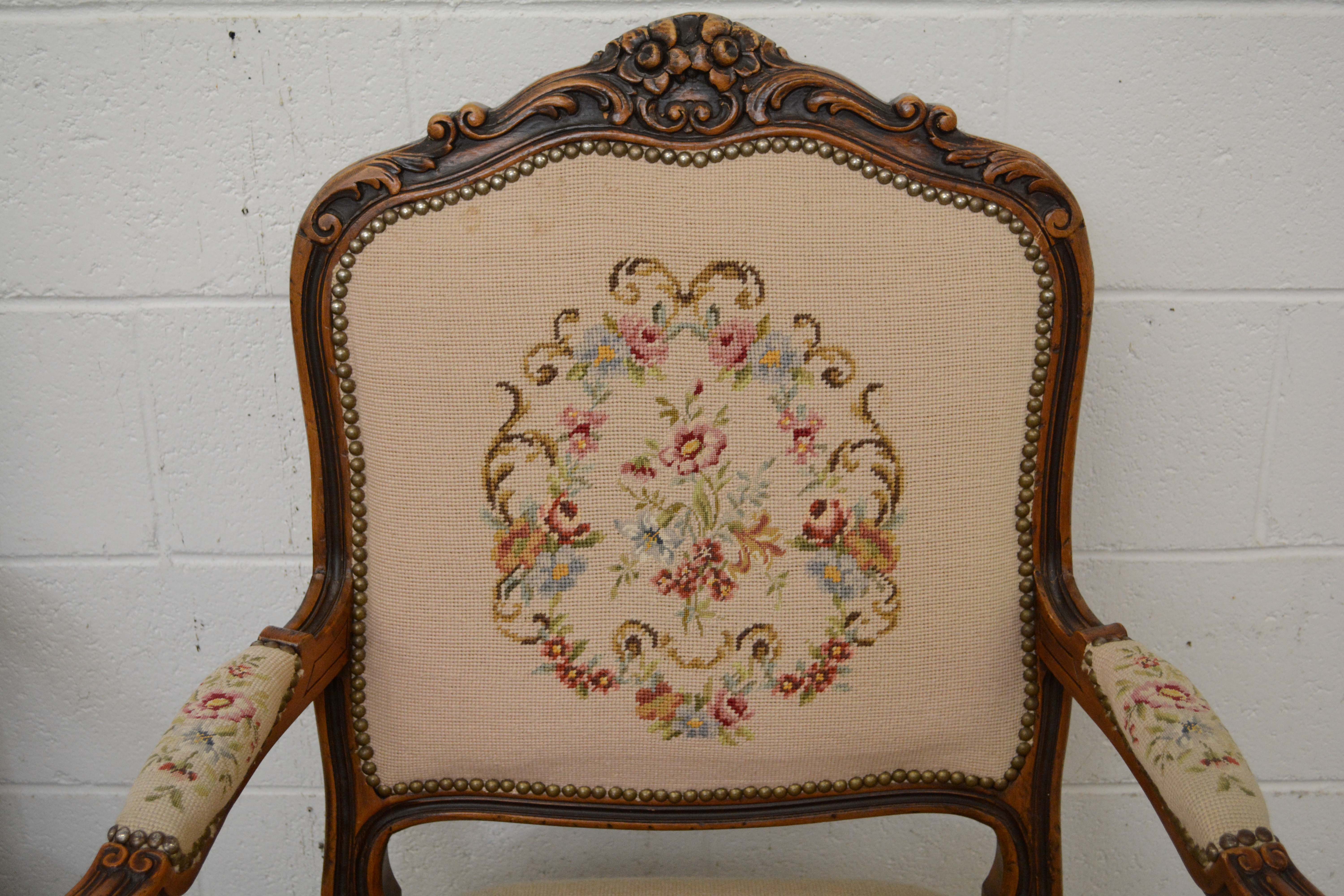 French Provincial Style Walnut Frame Upholstered Fauteuil Pair, 20th Century