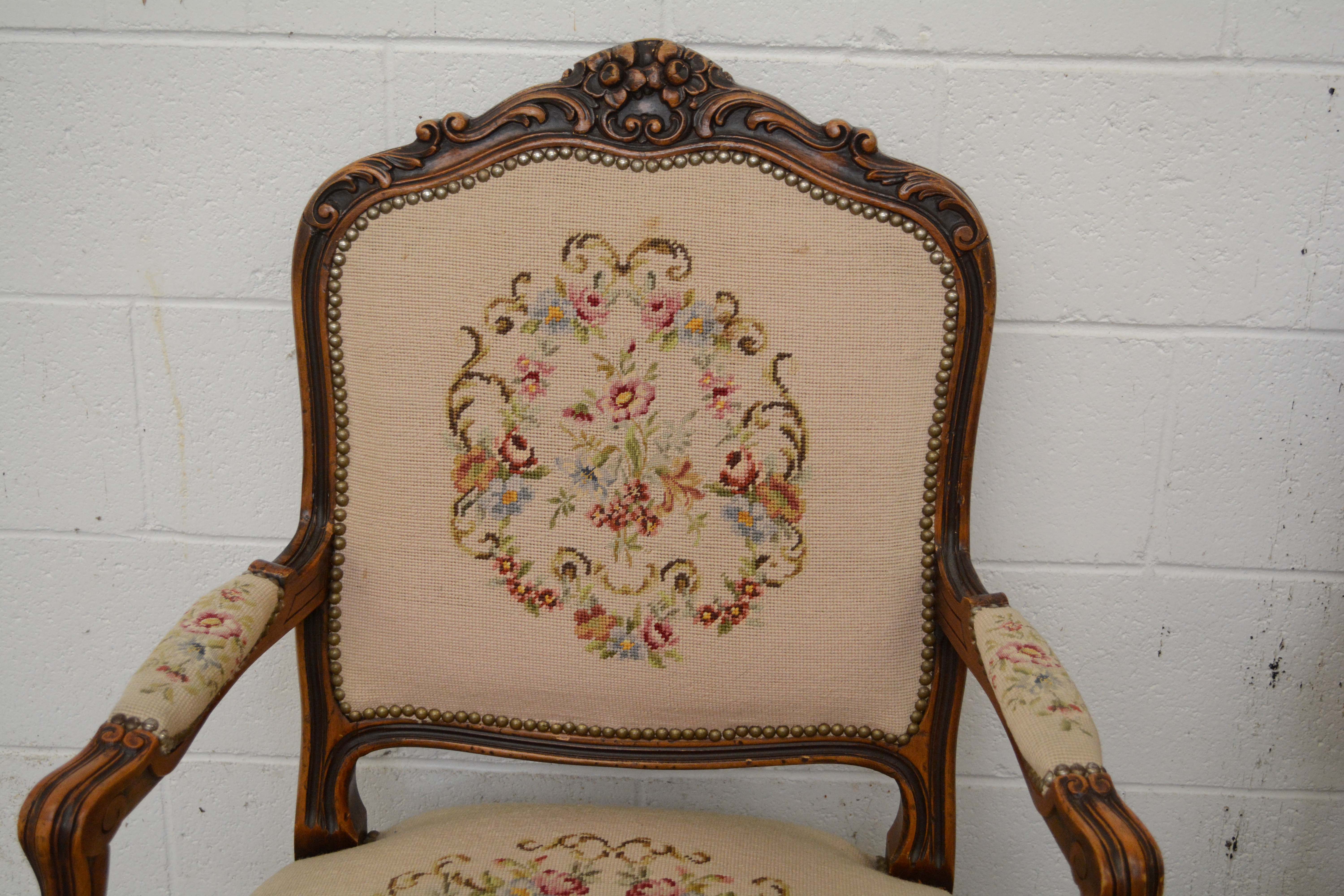 French Provincial Style Walnut Frame Upholstered Fauteuil Pair, 20th Century