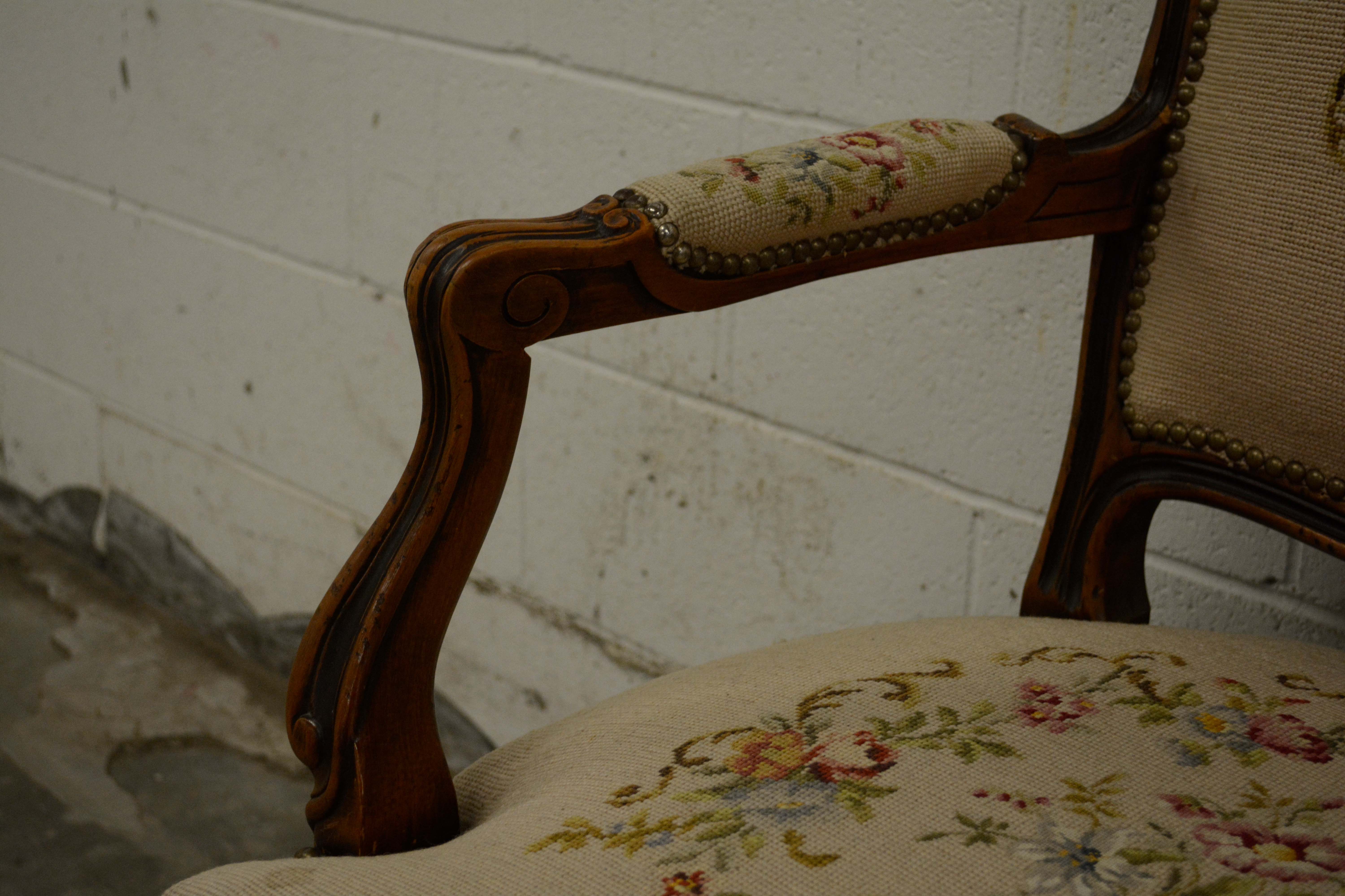 French Provincial Style Walnut Frame Upholstered Fauteuil Pair, 20th Century