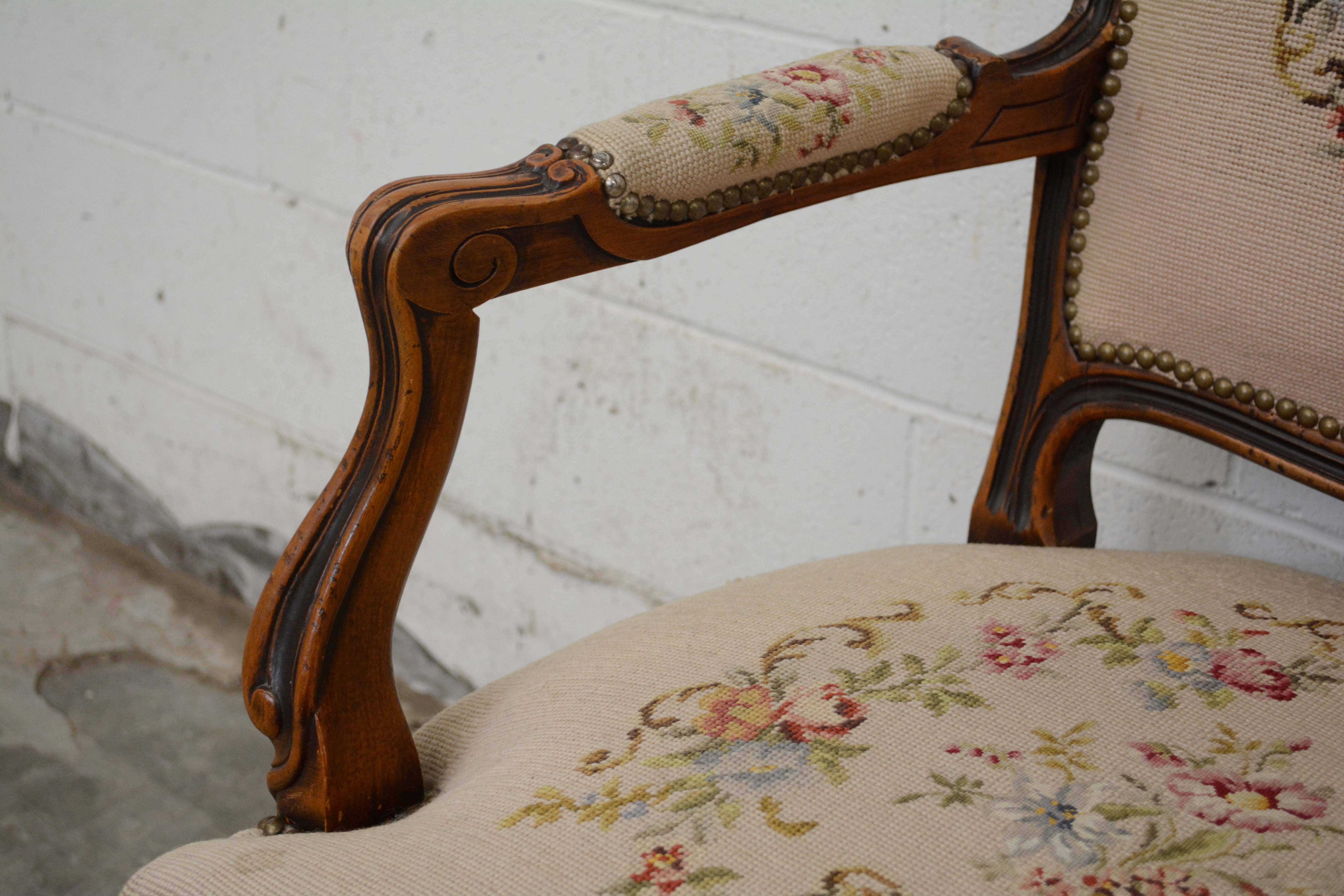 French Provincial Style Walnut Frame Upholstered Fauteuil Pair, 20th Century